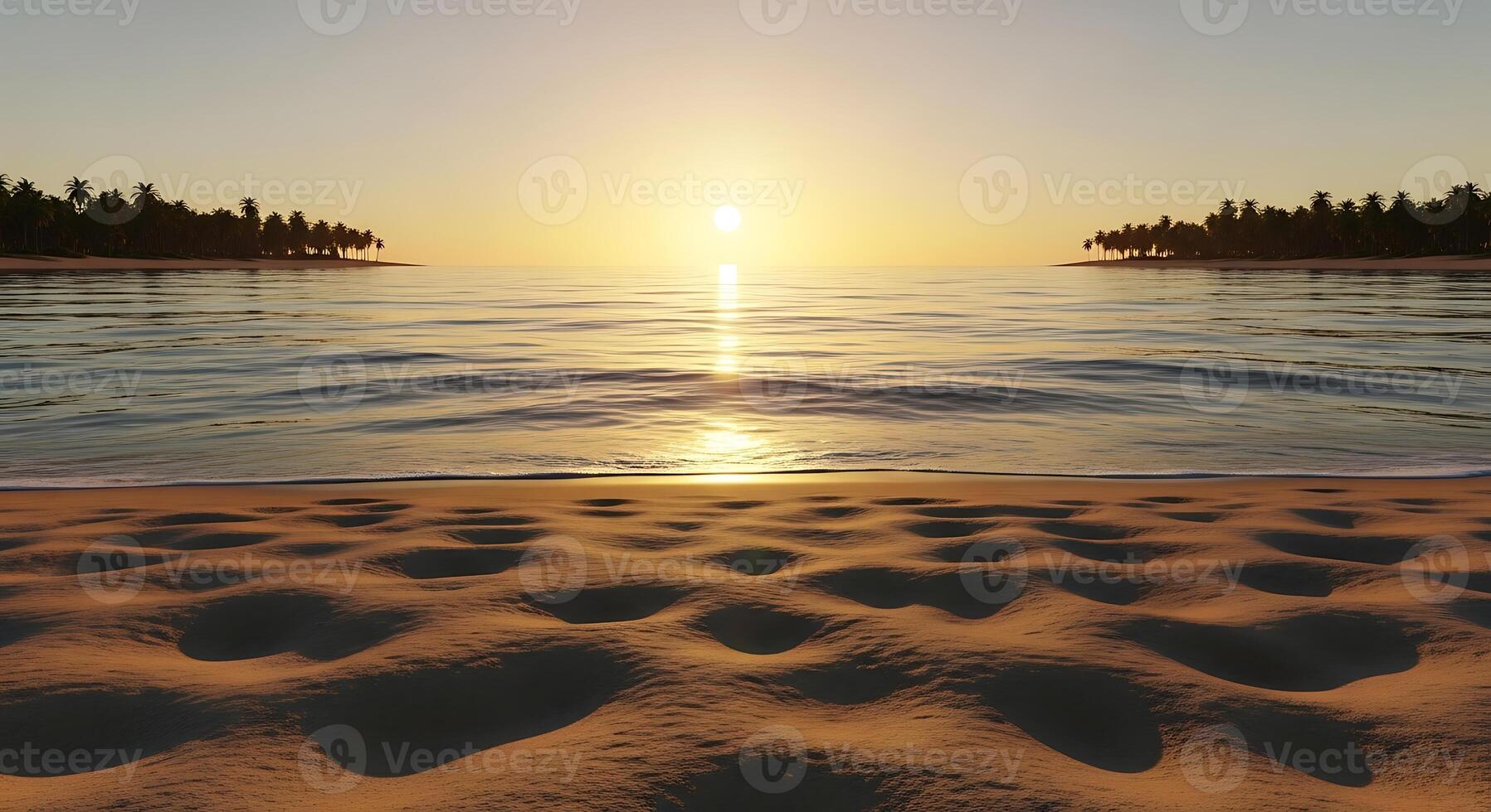 Golden Hour Serenity on a Tropical Beach Horizon with Palm Trees and Gentle Waves photo
