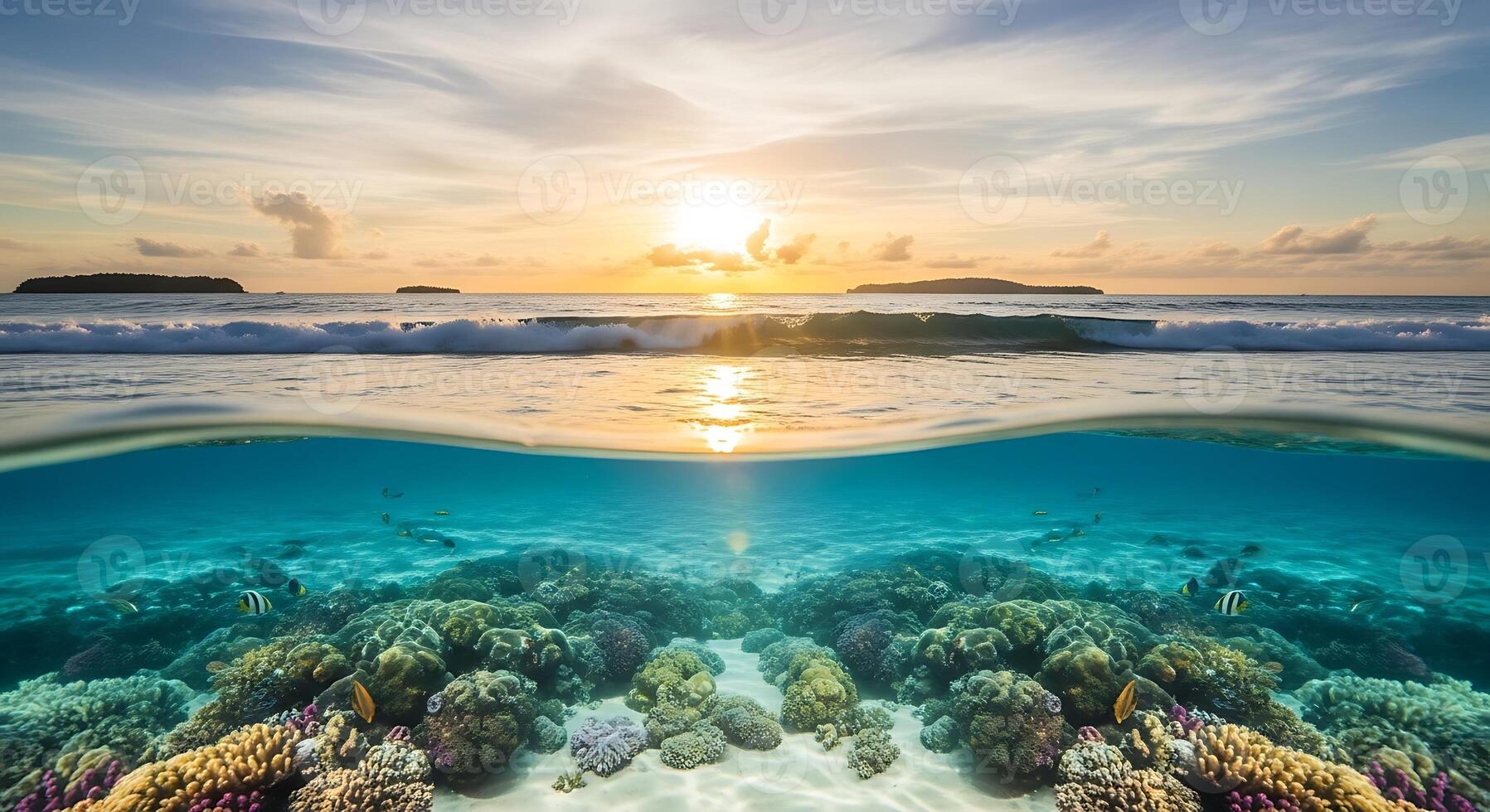 Vibrant Coral Reef Ecosystem Under a Golden Sunset Ocean Panorama with Gentle Waves and Sandy Seabed photo