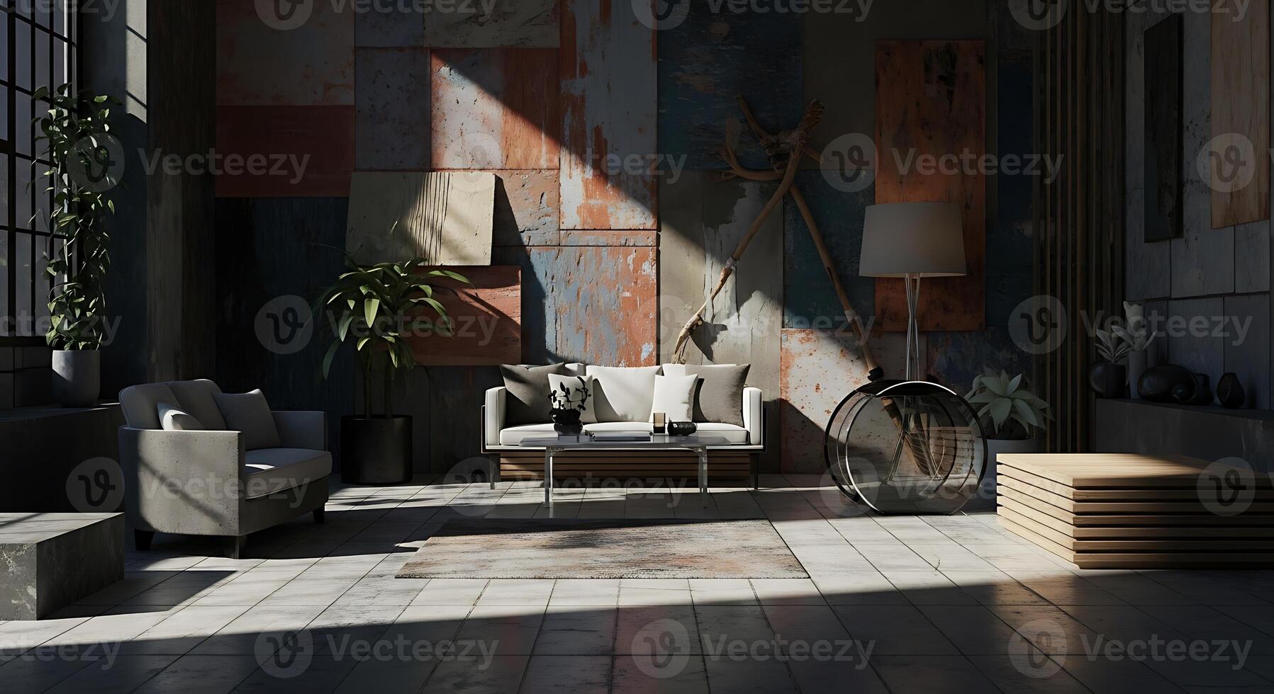 Modern industrial living room with natural light and textured walls creating a cozy atmosphere photo