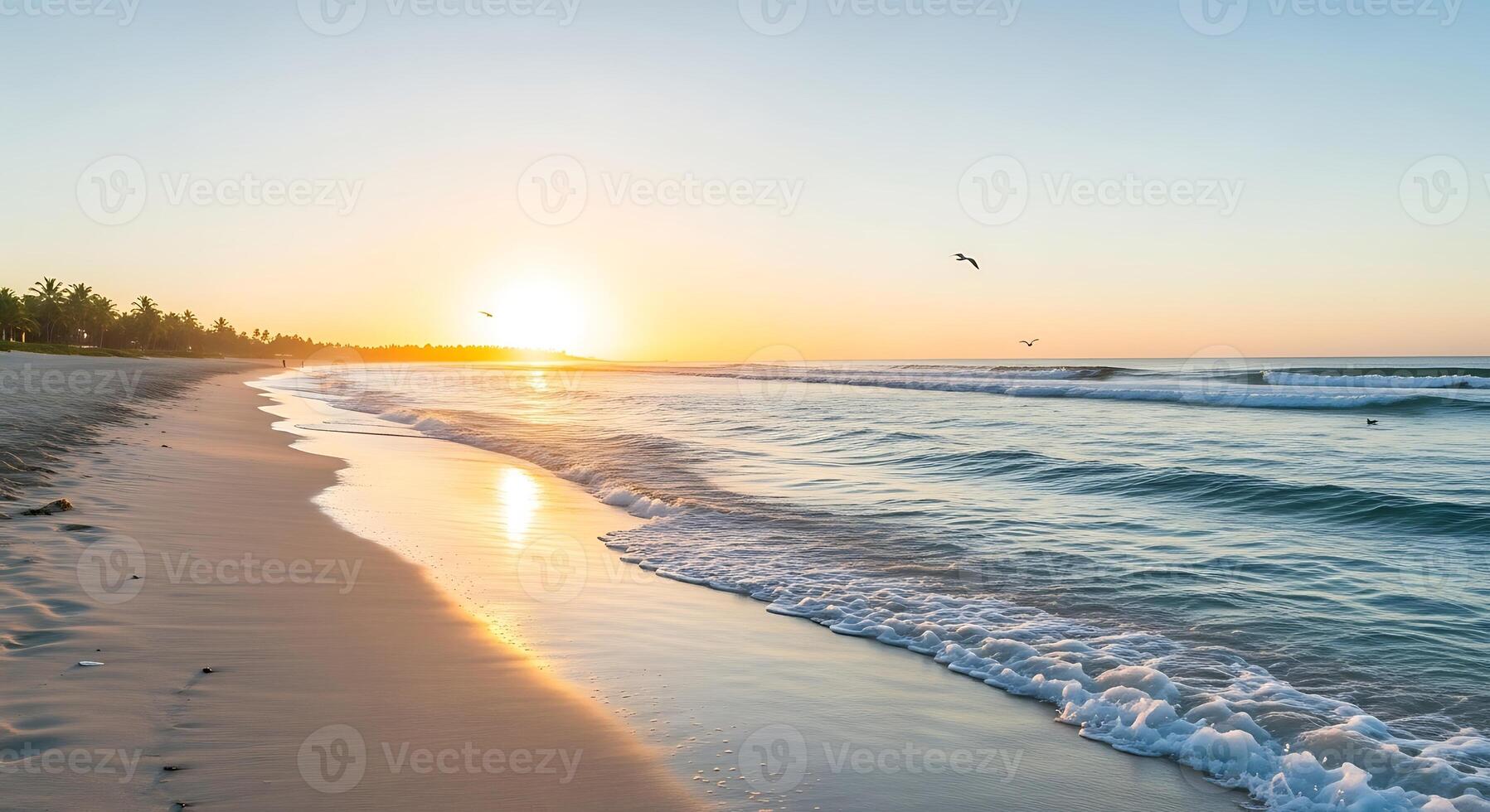 Golden Sunrise Over a Serene Tropical Beach with Gentle Waves and Palm Trees in the Distance photo