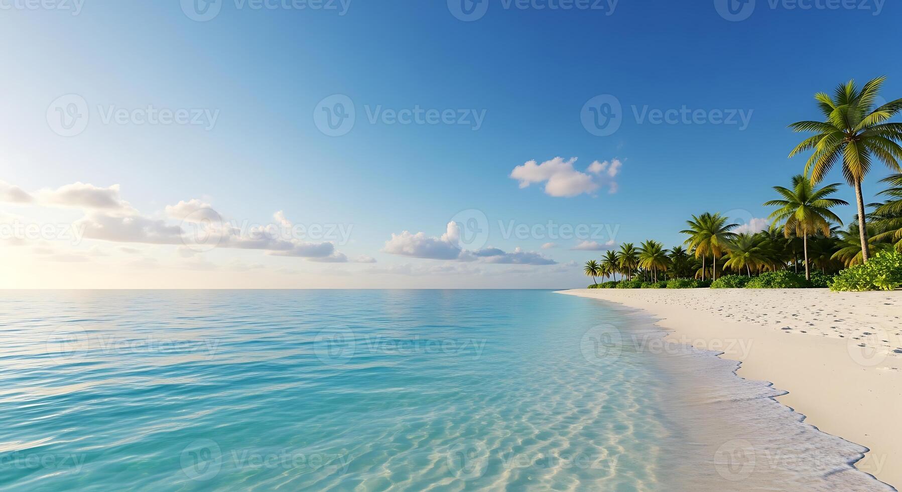 Serene Tropical Beach Paradise With Crystal Clear Turquoise Ocean Waters and Lush Palm Trees Under a Bright Blue Sky photo