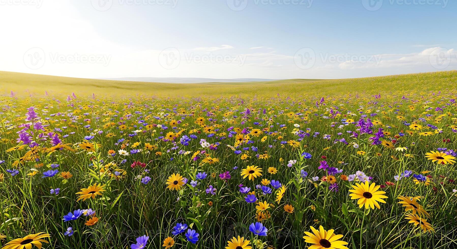 Vast Meadow Bursting with Colorful Wildflowers Under a Bright Sunny Sky photo