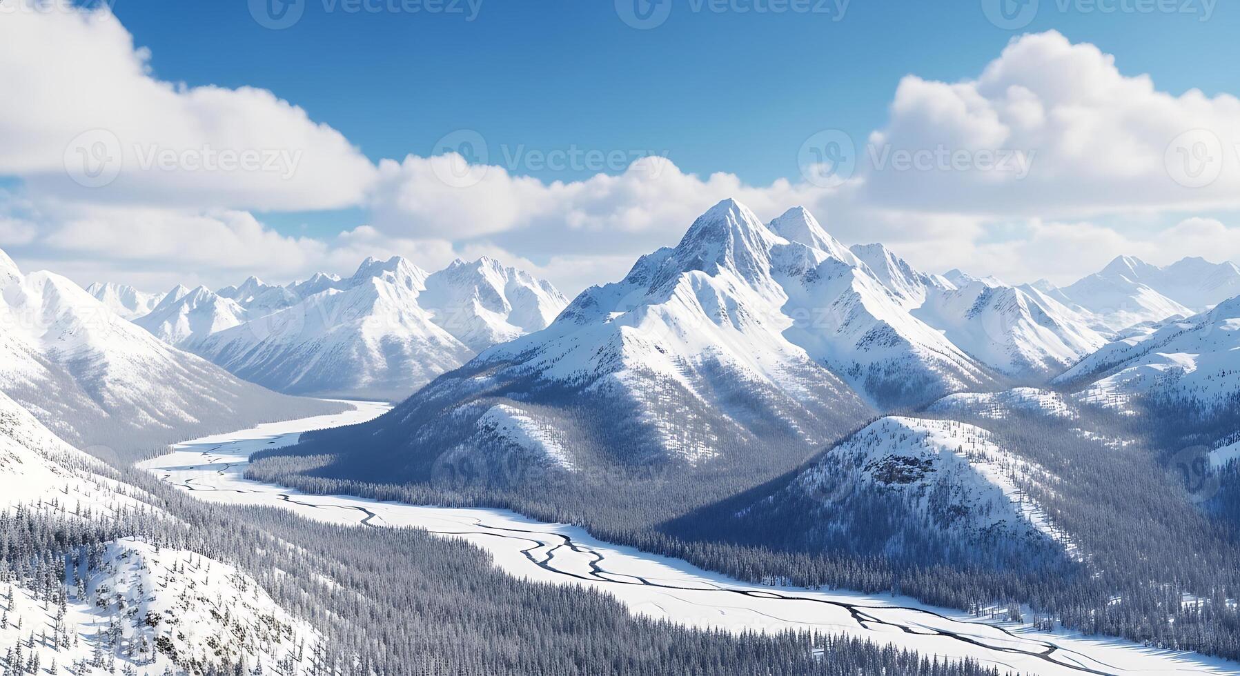 Breathtaking Panoramic View of Majestic Snow-Covered Mountains Under a Clear Blue Sky photo