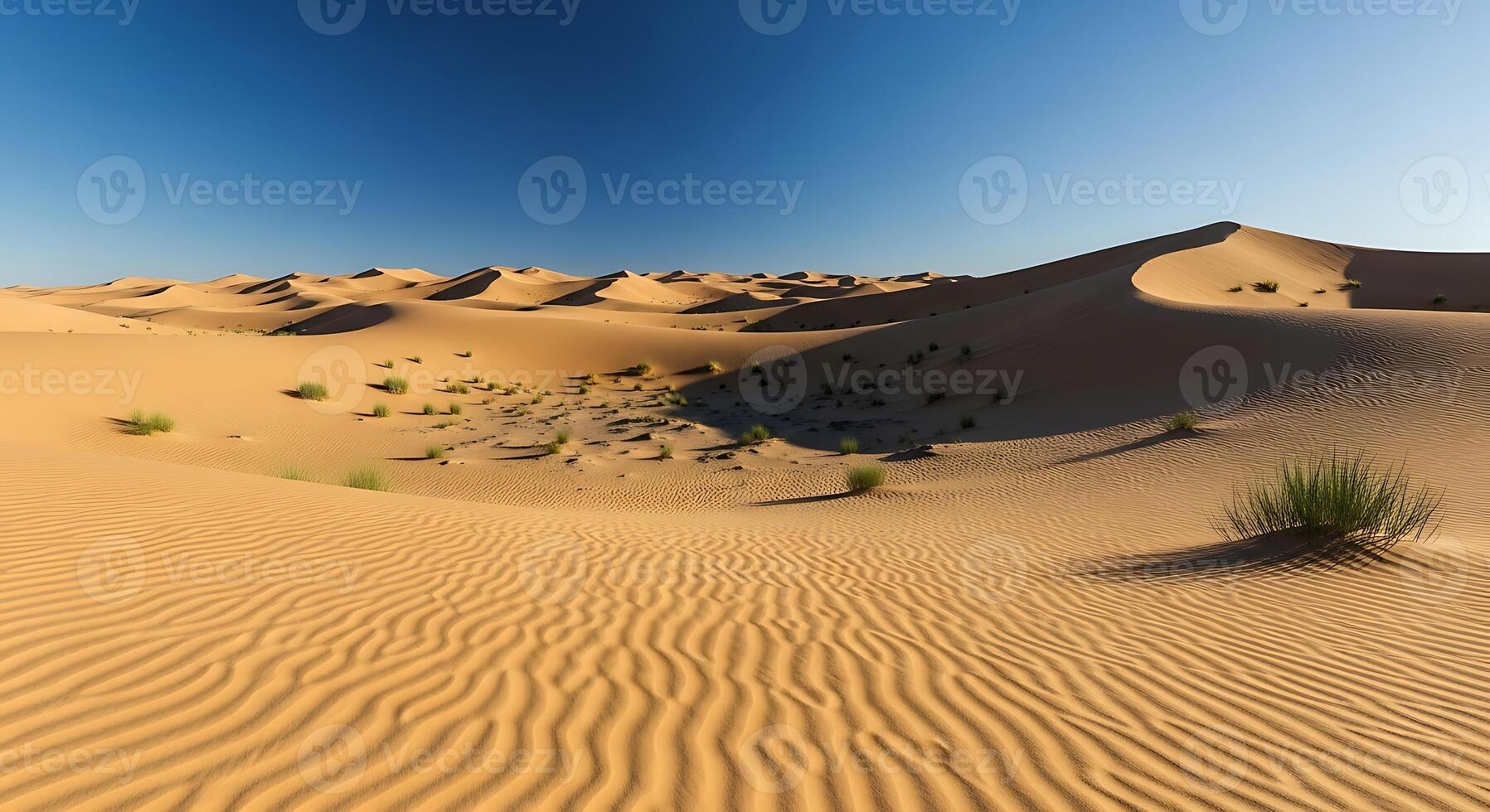 Expansive Arid Desert Landscape Under a Clear Blue Sky With Rolling Sand Dunes and Sparse Vegetation photo