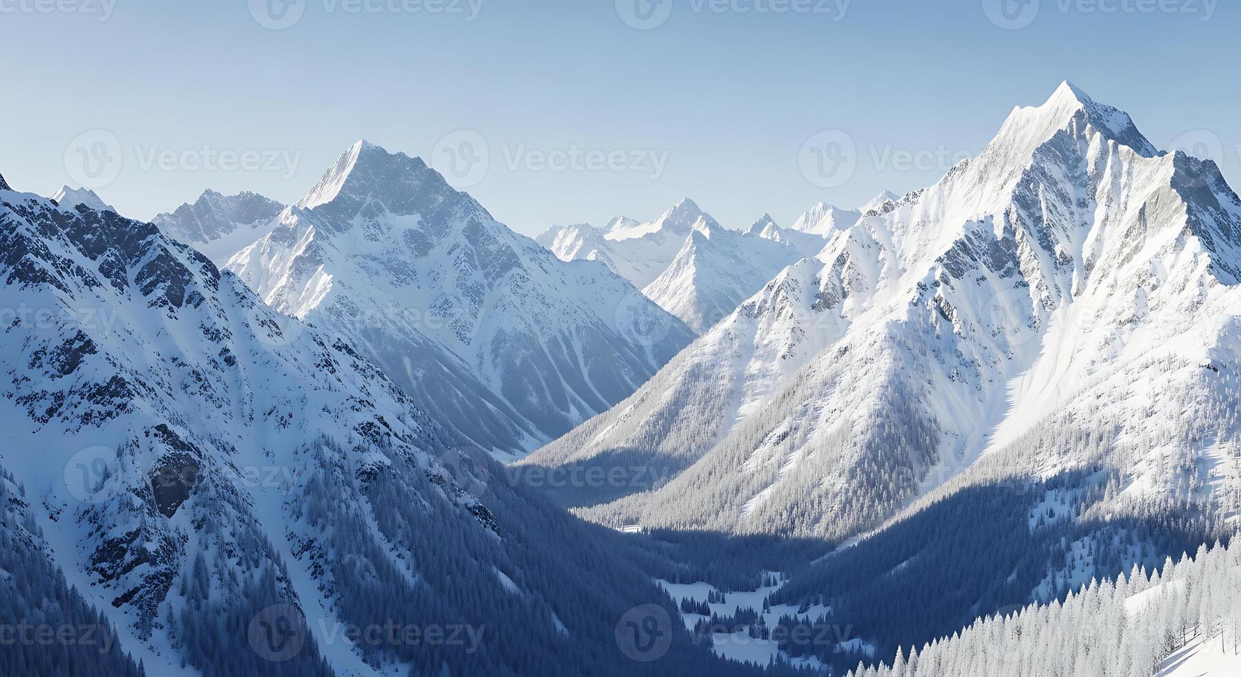 Majestic Snow Covered Alpine Peaks Majestic Winter Landscape Serene Mountain Valley photo