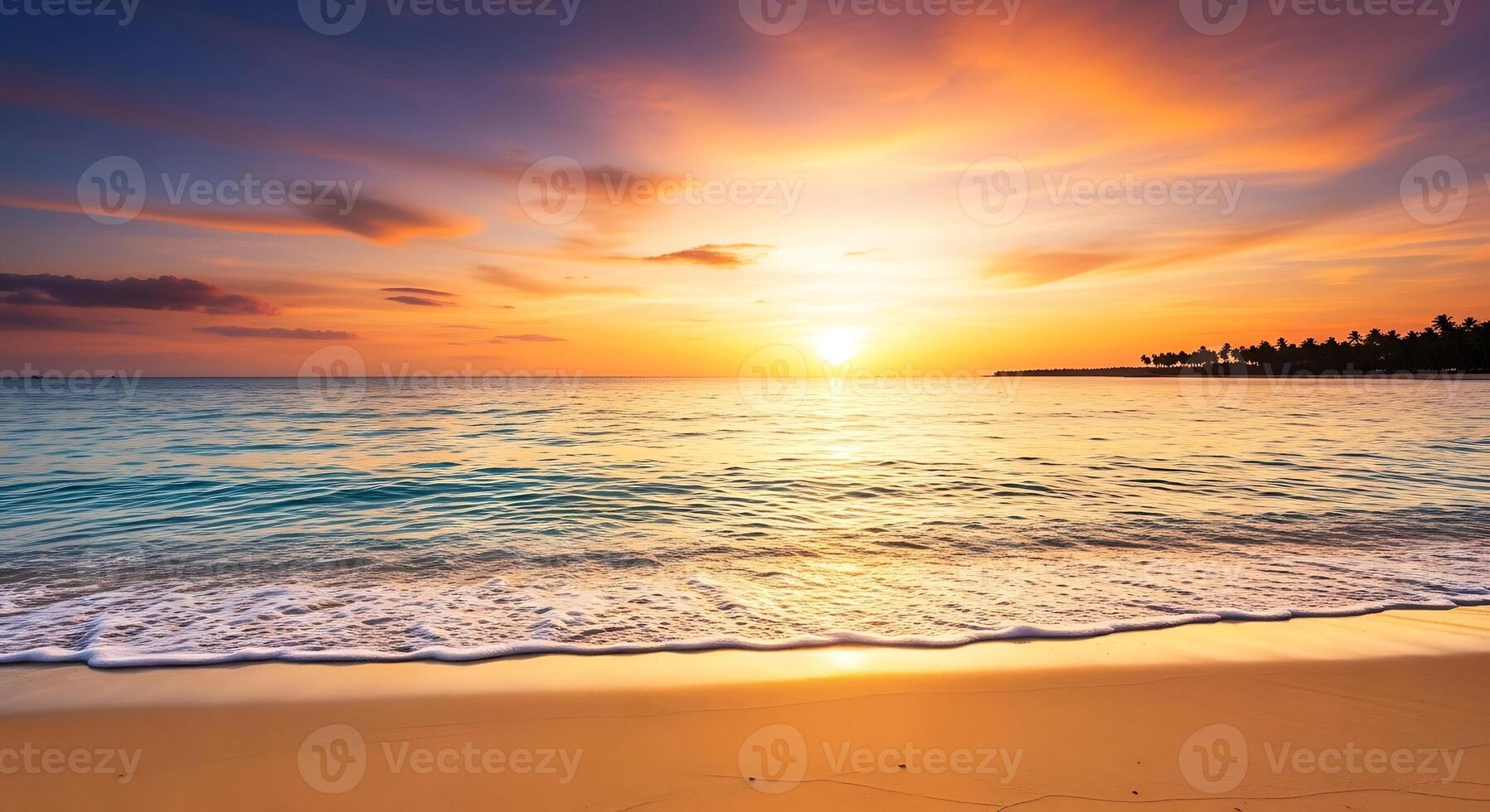 Golden Hour Serenity A Stunning Beach Sunset with Fiery Skies and Gentle Waves Washing Ashore photo