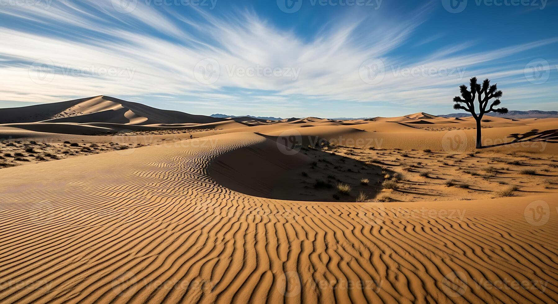 Expansive Desert Landscape Under a Vast Sky with Rippled Sand Dunes and a Solitary Joshua Tree photo