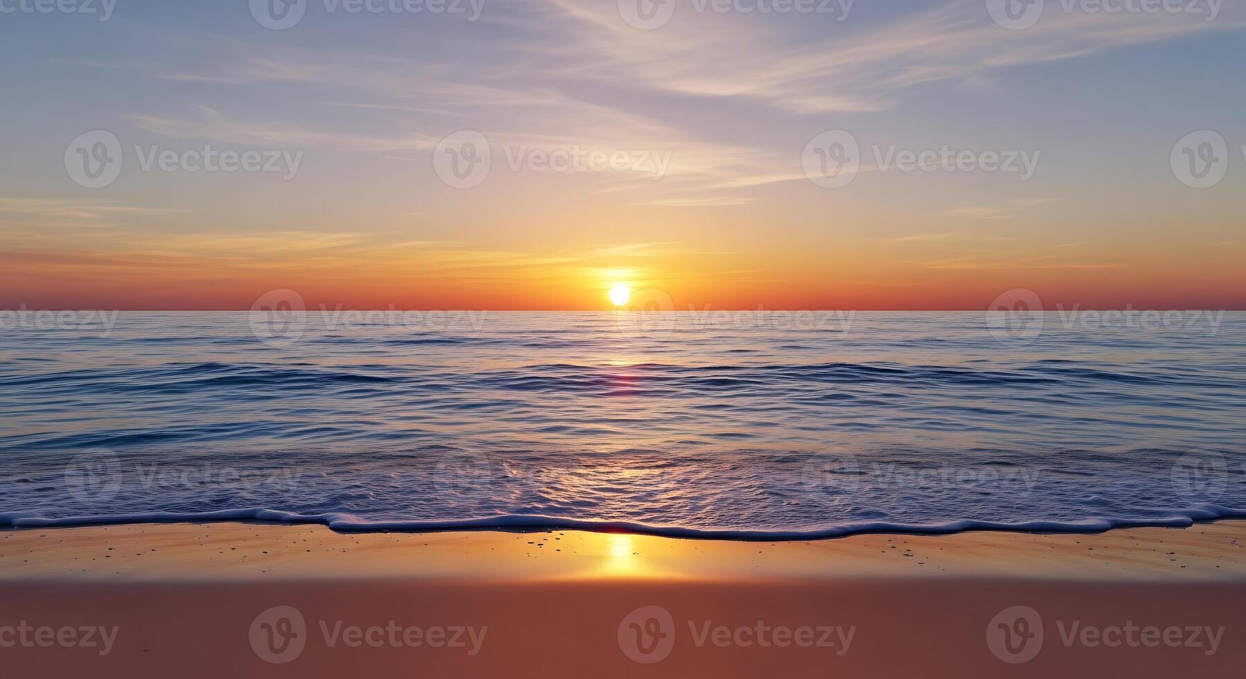 Beautiful Ocean Sunset With Golden Sunlight Reflecting On Calm Waves And Sandy Beach Horizon photo
