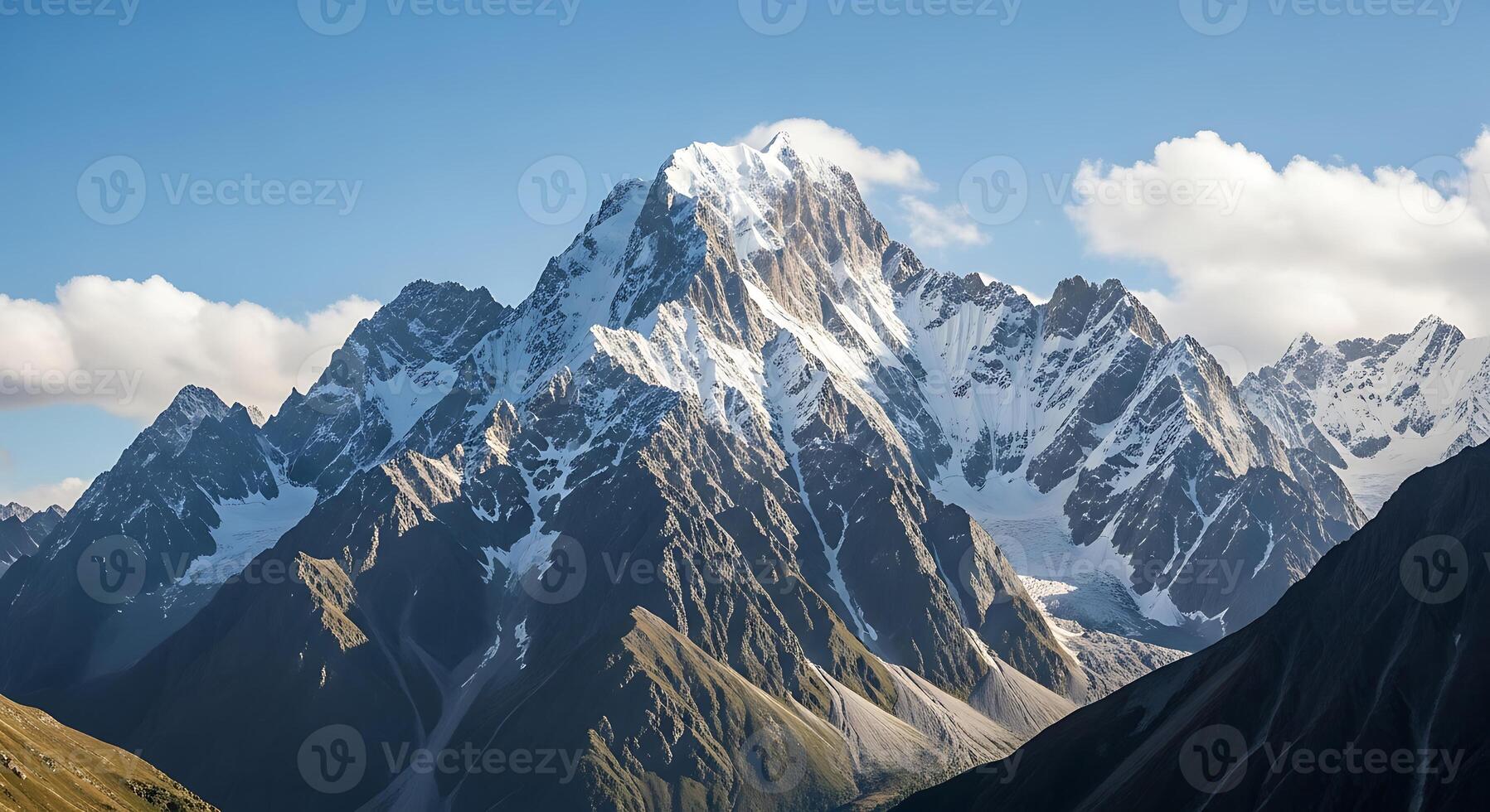 Majestic Snowy Mountain Peak with Dramatic Clouds and Rugged Slopes Under a Clear Blue Sky photo