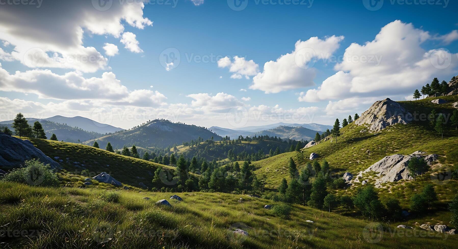 Expansive Lush Mountain Landscape Under a Vast Blue Sky with Rolling Hills and Scattered Clouds on a Sunny Day photo
