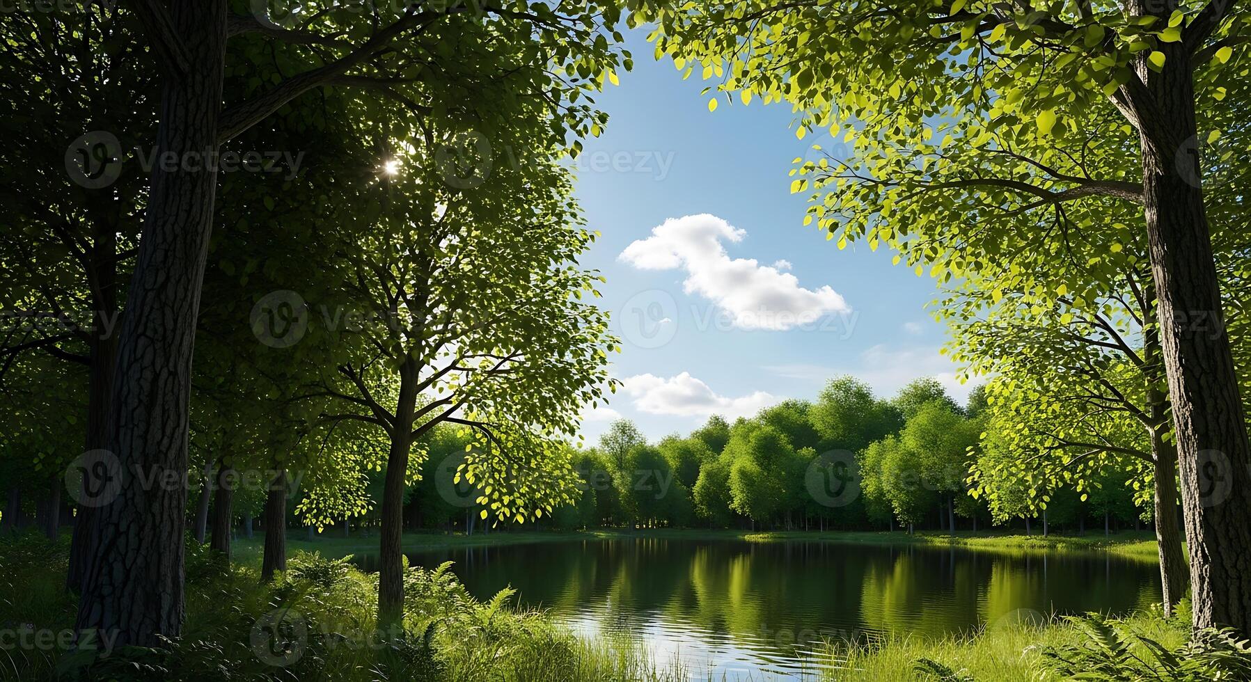 Serene Forest Lake Reflecting Sunlit Trees and Blue Sky with White Clouds on a Beautiful Summer Day photo