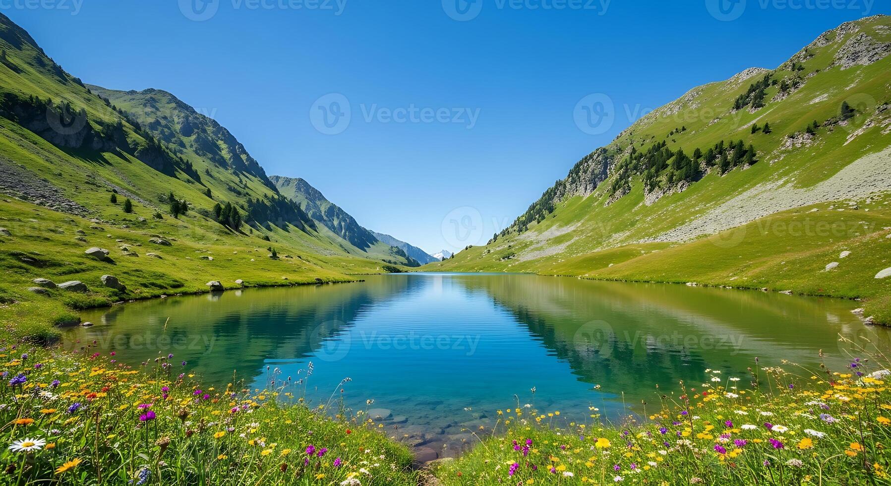 Scenic mountain lake with wildflowers photo