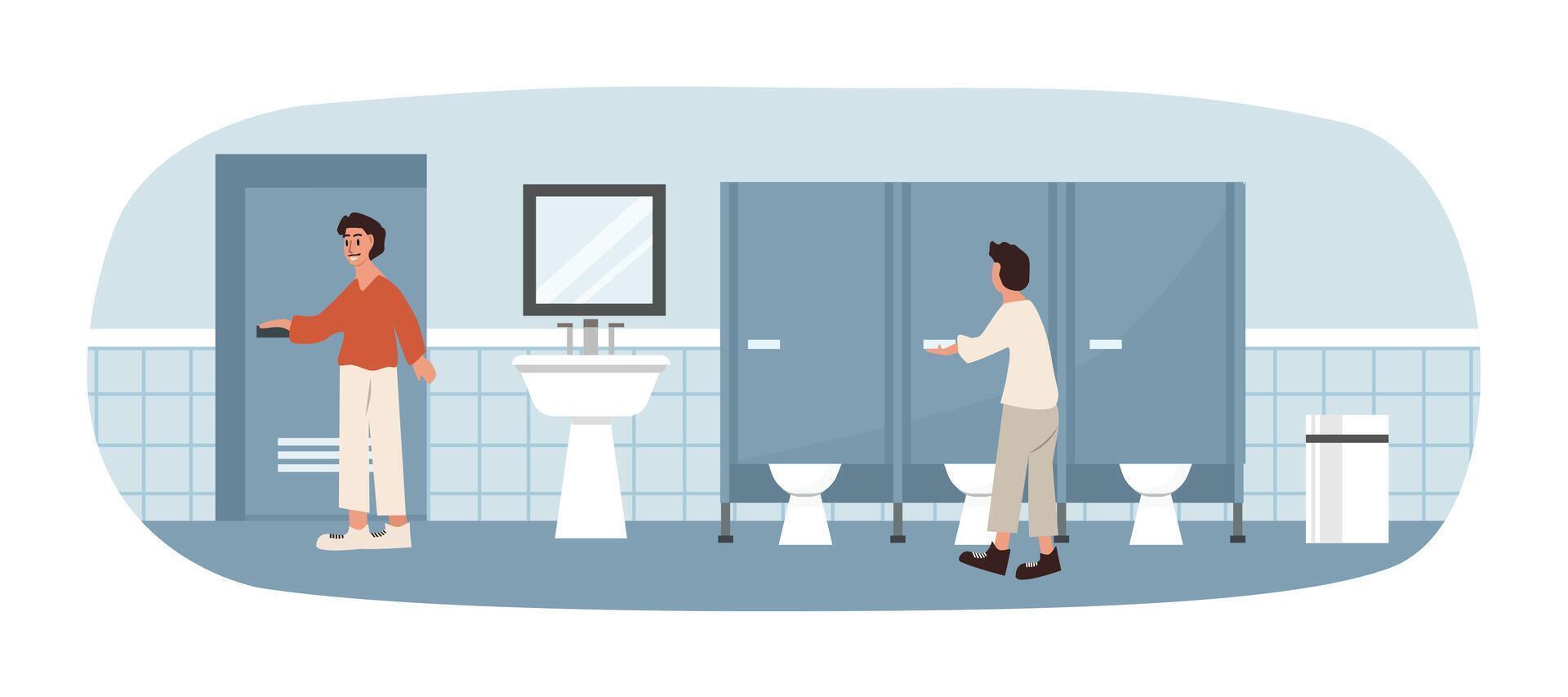Man toilet. Male restroom. Closet restroom. Rubbish bin. Washbasin. vector