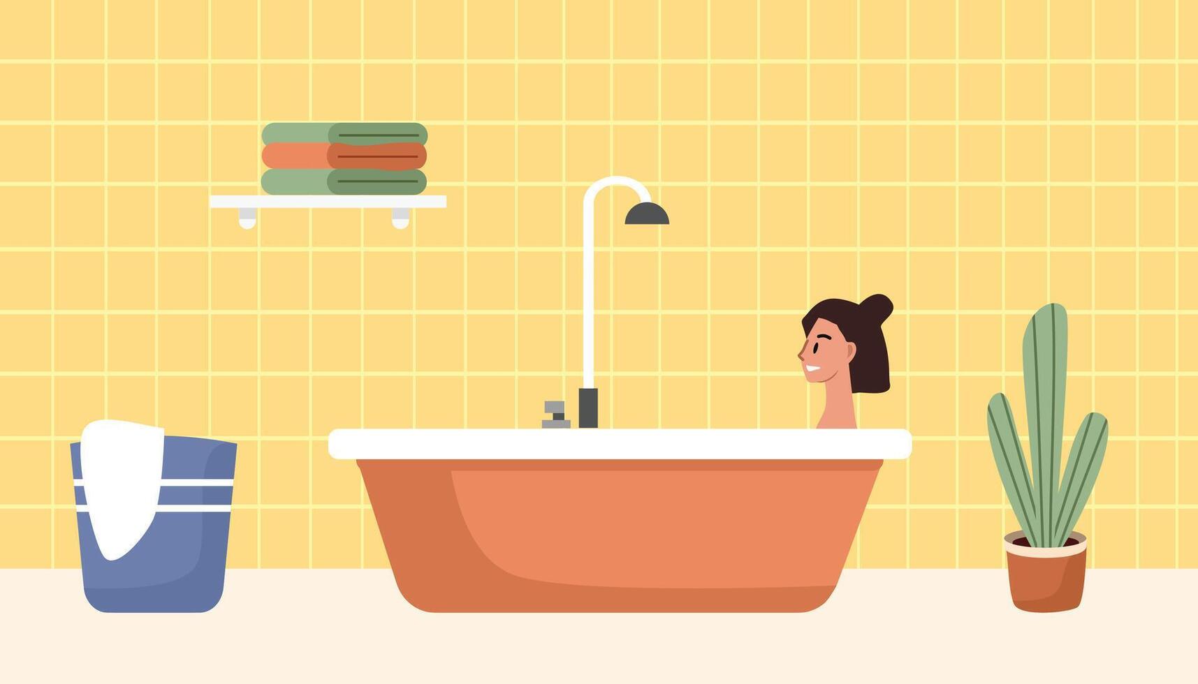 Girl in the bathtub. Showering girl. Woman take a bath. Modern bathroom. Bathroom interior. vector