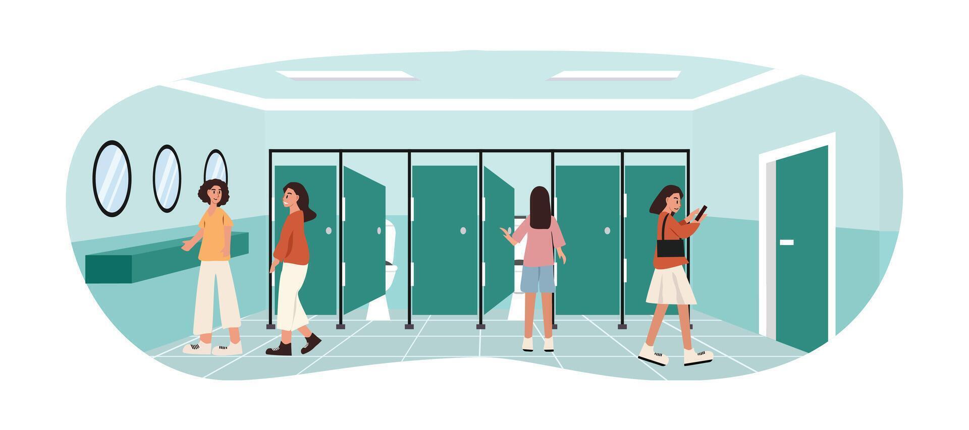 Public toilet. Girl restroom. Woman toilet. Girl conversation. Mall toilet. vector