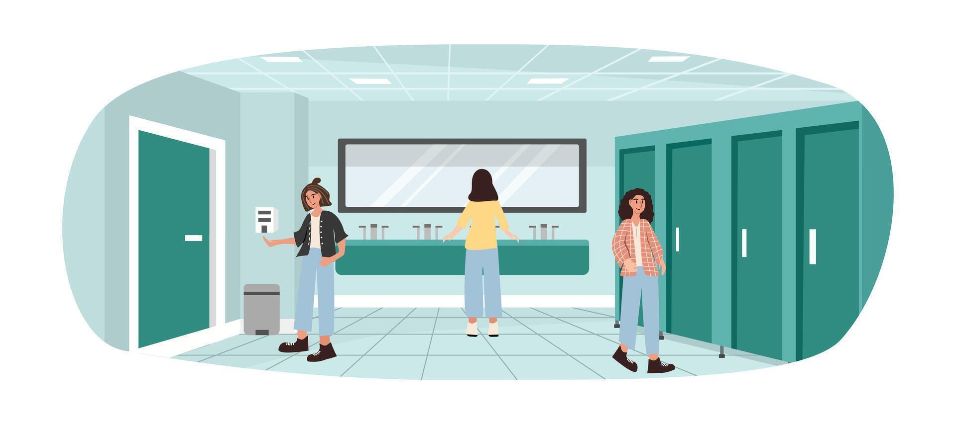 Woman toilet. Public restroom. Girl washing hand. Public toilet. Bathroom mirror. vector