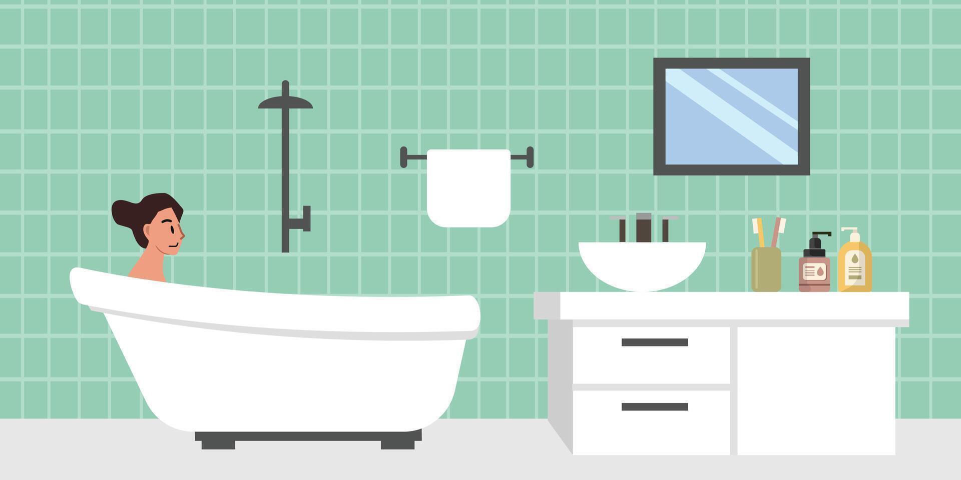 Girl showering and spa. Girl on the bathroom illustration. People take a bath. Bathroom interior. vector