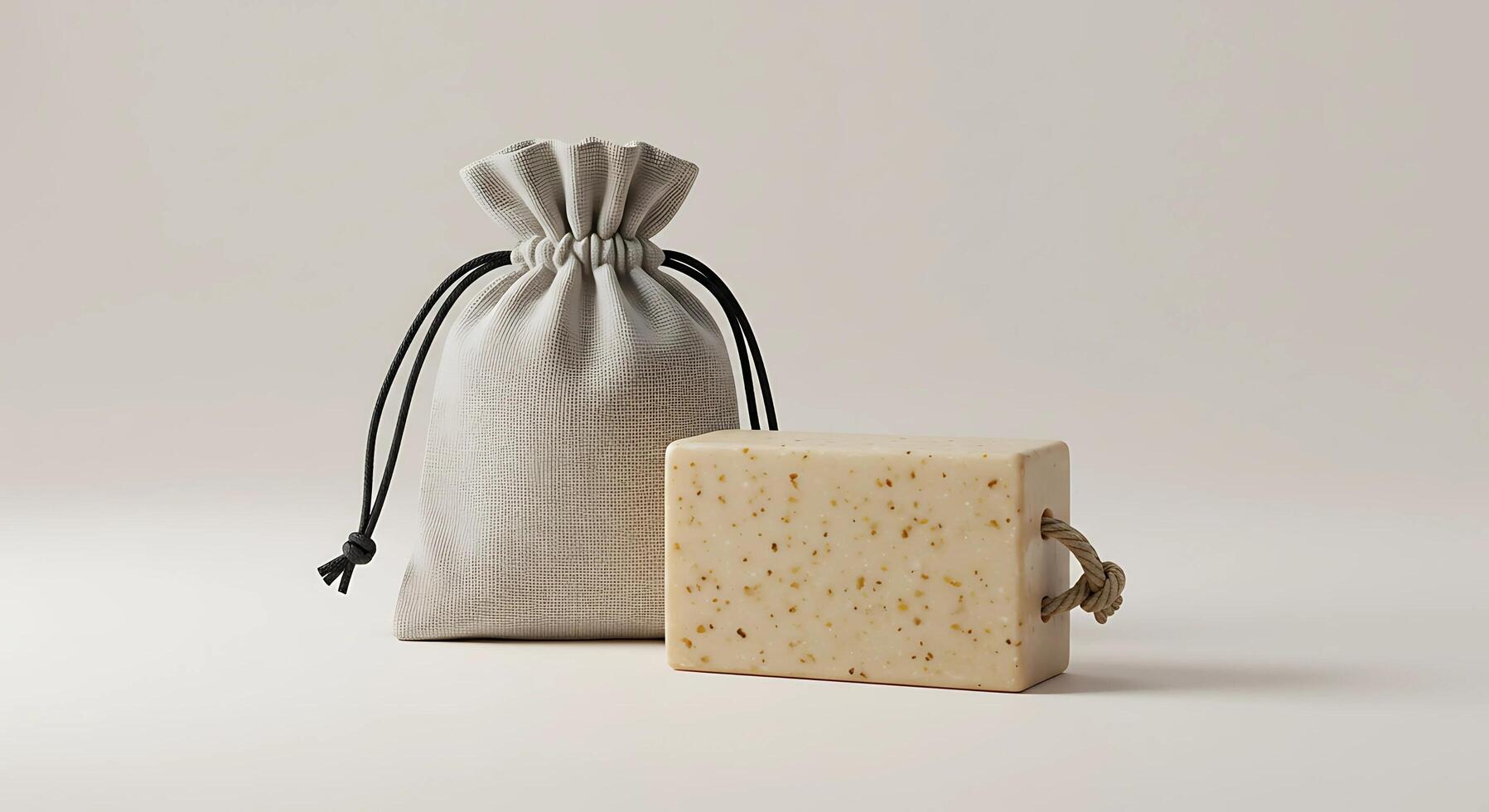 handmade soap mockup with pouch for packaging photo
