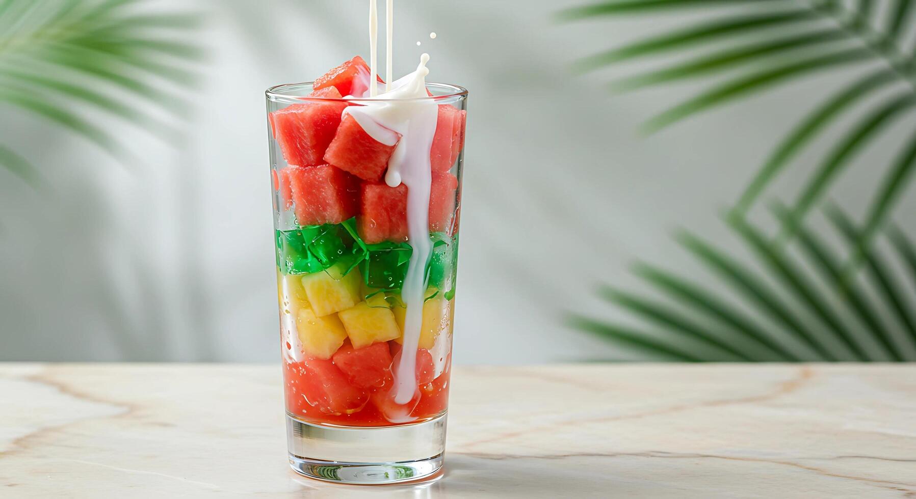 Indonesian fruit dessert Sop Buah in a glass with a milk poured photo