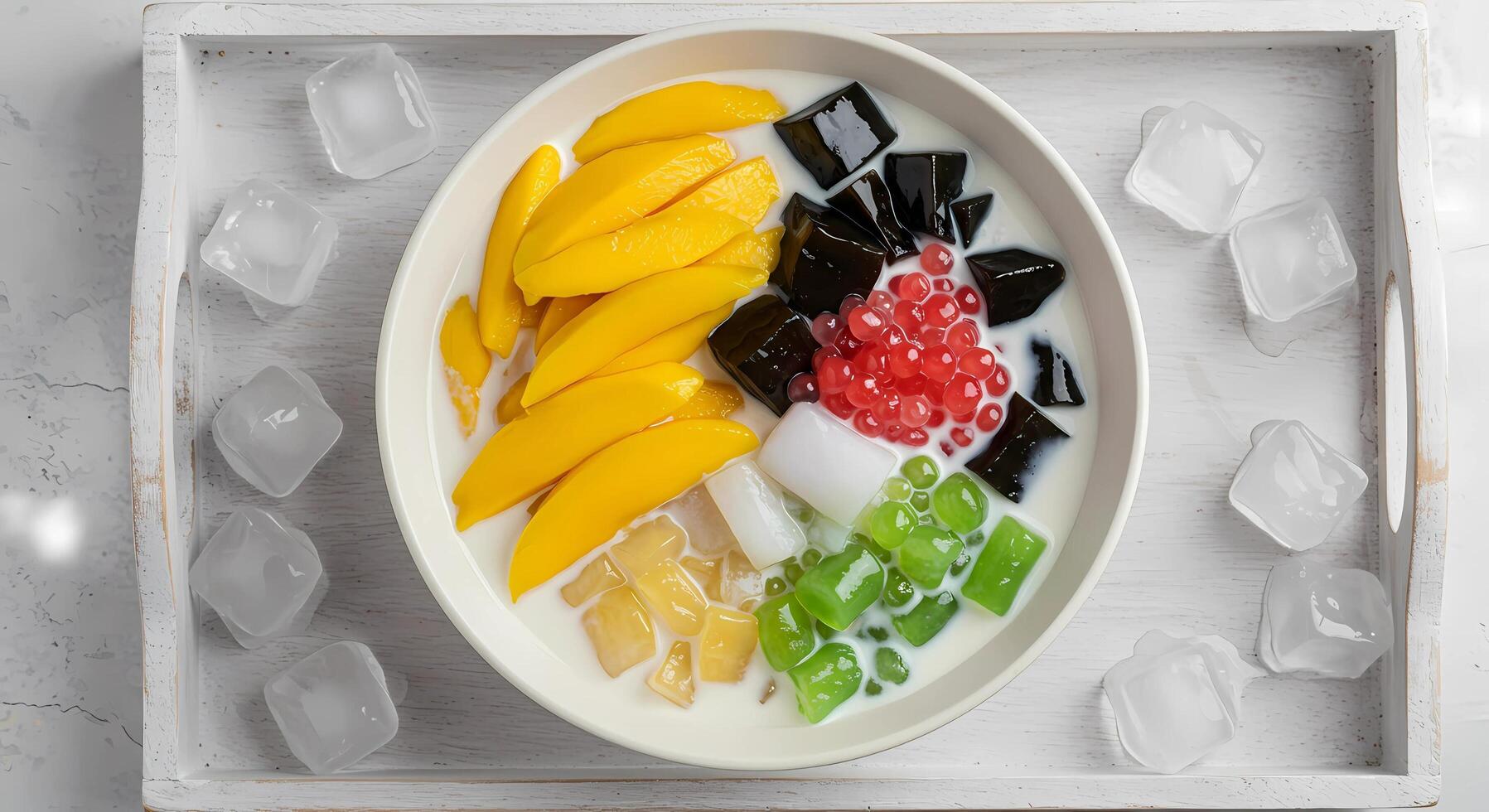 Es Campur. Mixed fruit cocktail Indonesian popular fruit, ice with grass jelly, syrup and milk photo