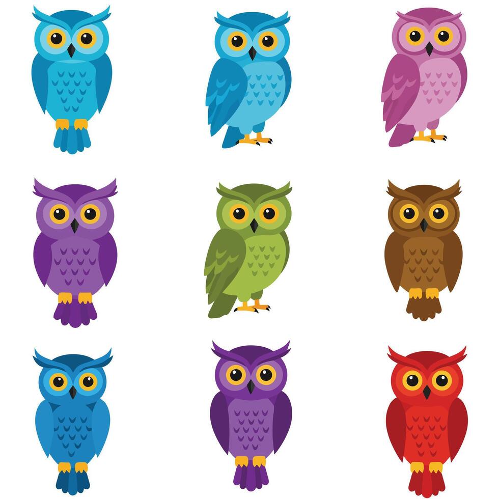 Cute Owl Characters in Flat Style Grid EPS 10 vector