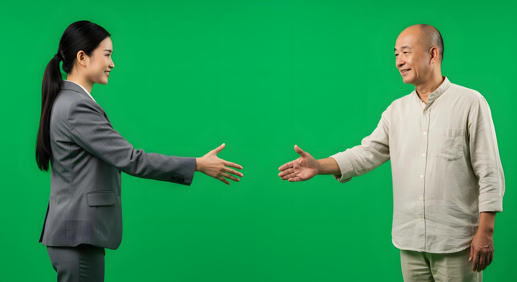 Asian business man and woman shaking hands on green screen photo