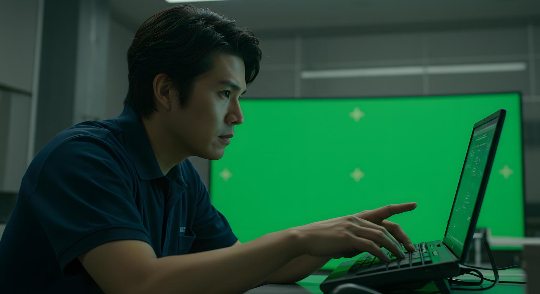 A man using a laptop computer in front of a green screen photo