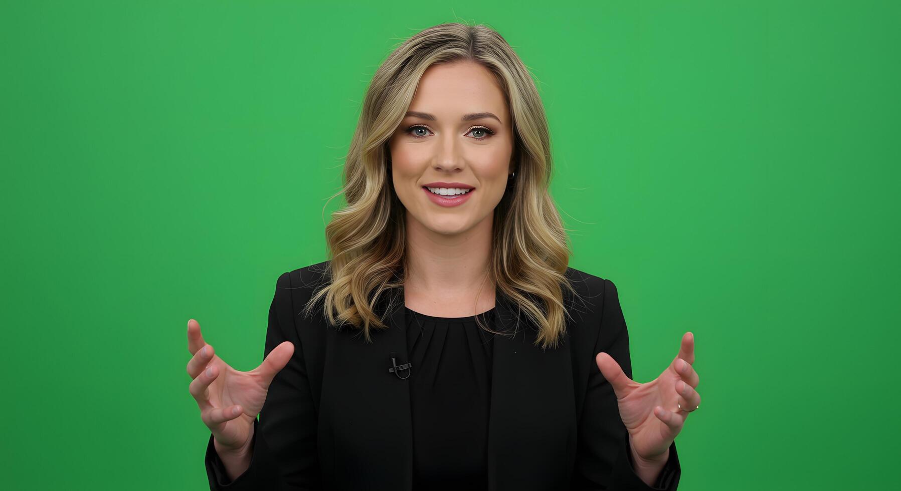 A woman in a black suit is making a gesture with her hands photo