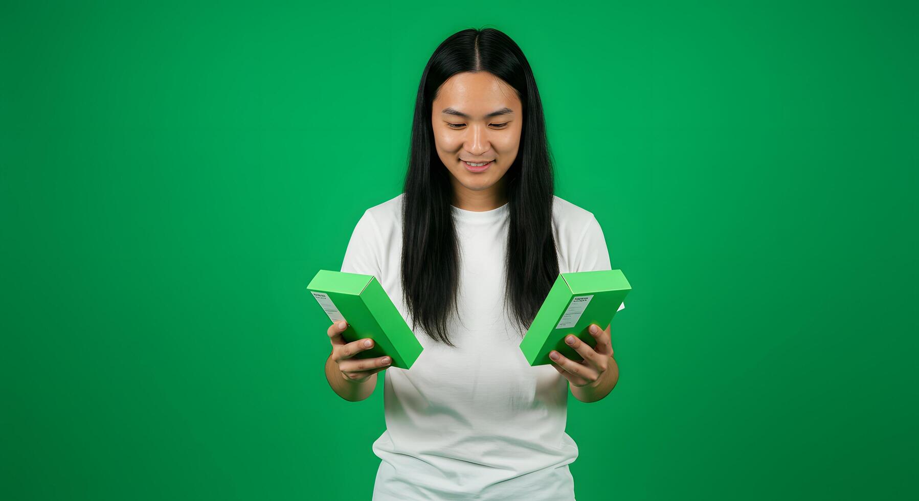 Asian woman holding green boxes on green background photo
