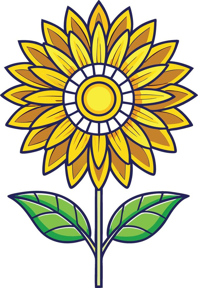 Cartoon sunflower illustration with green leaves vector