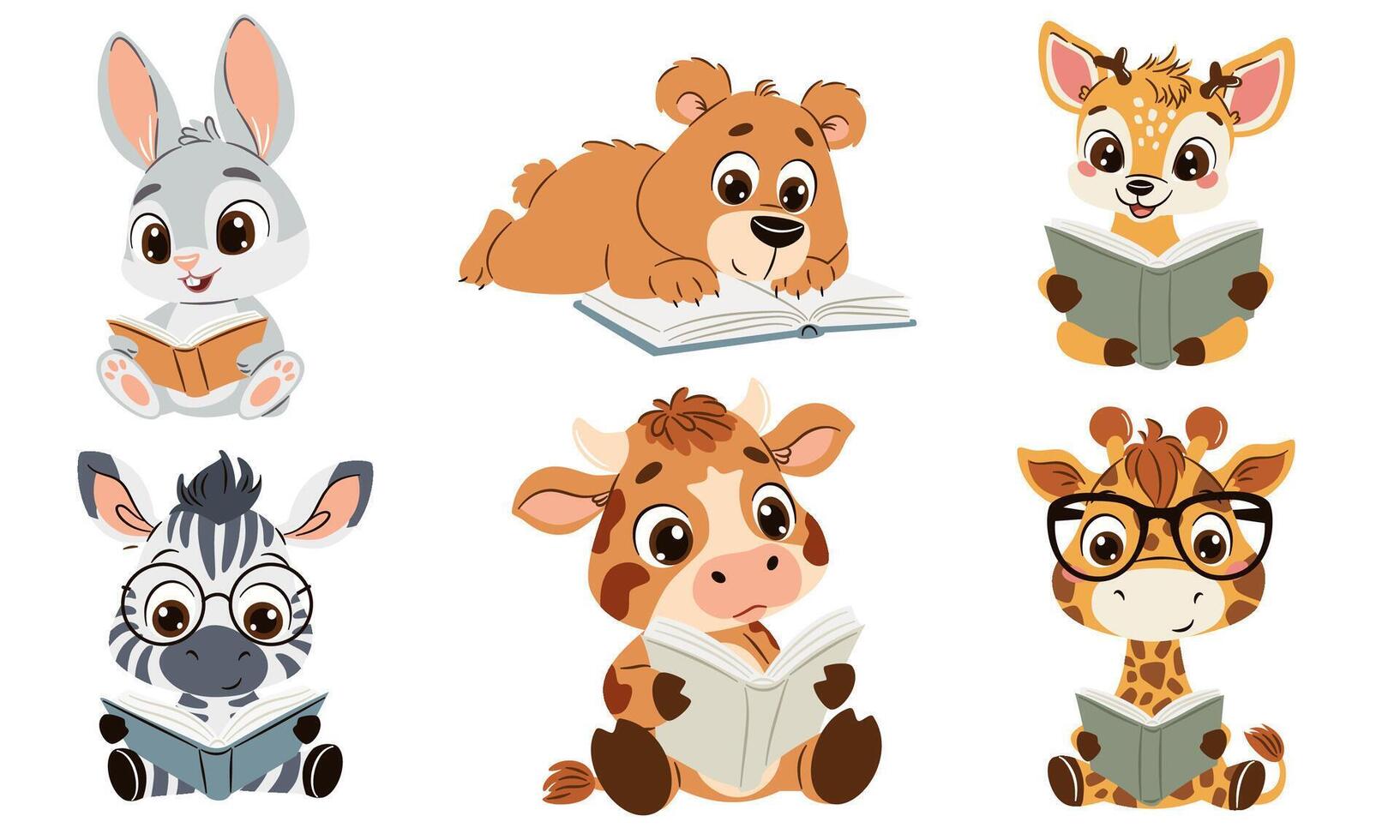 Cute animals reading books illustration vector