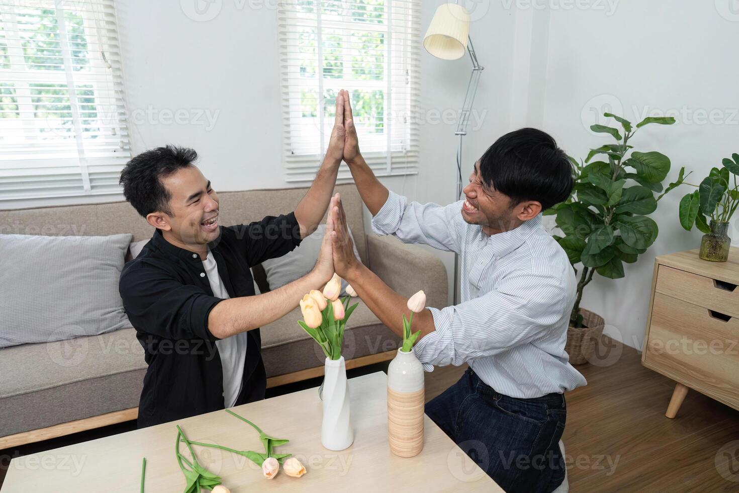 Playfulness and LGBT Joy. Two men engaging in a fun high-five, celebrating their connection in a bright living space. photo