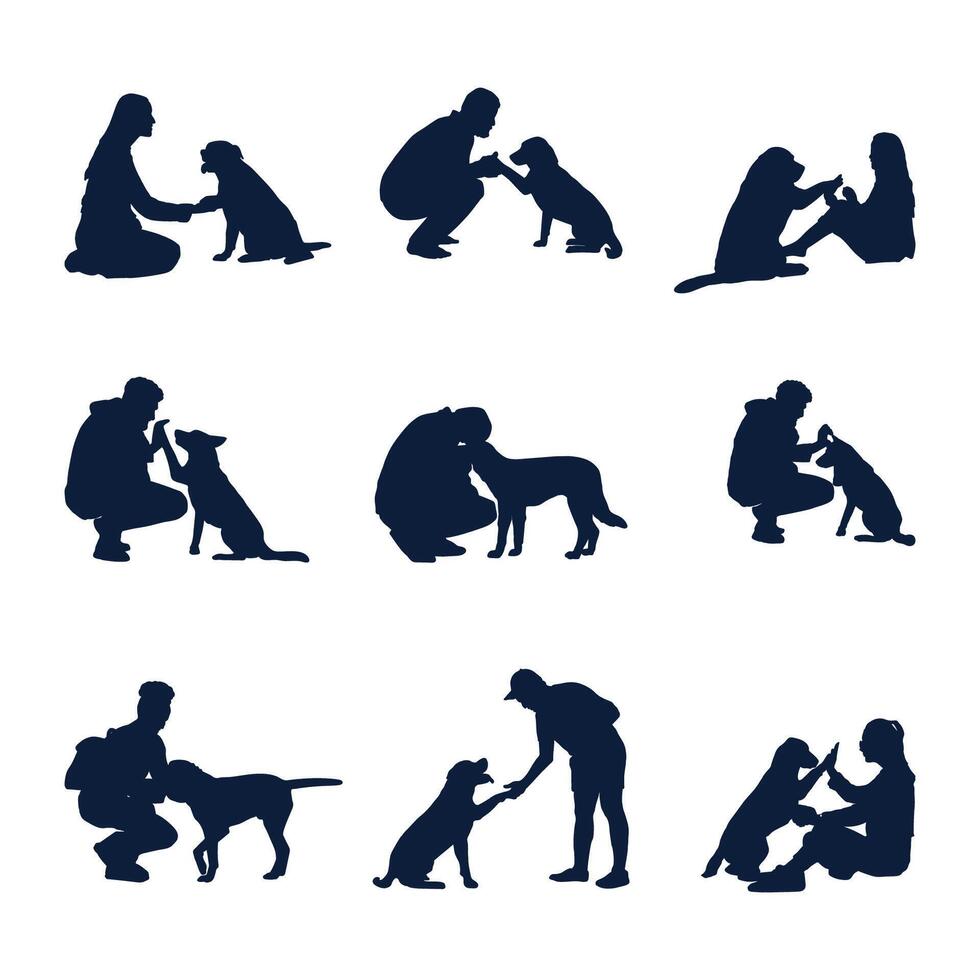Hand drawn a man with pets silhouette set vector