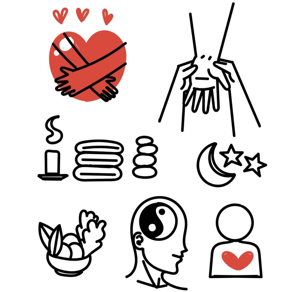 wellness icon related collection in doodle cartoon style vector