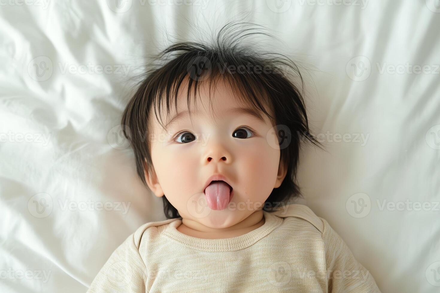 Cute Asian baby playfully sticking out tongue while lying on white bed during calm moment in minimalistic setting photo