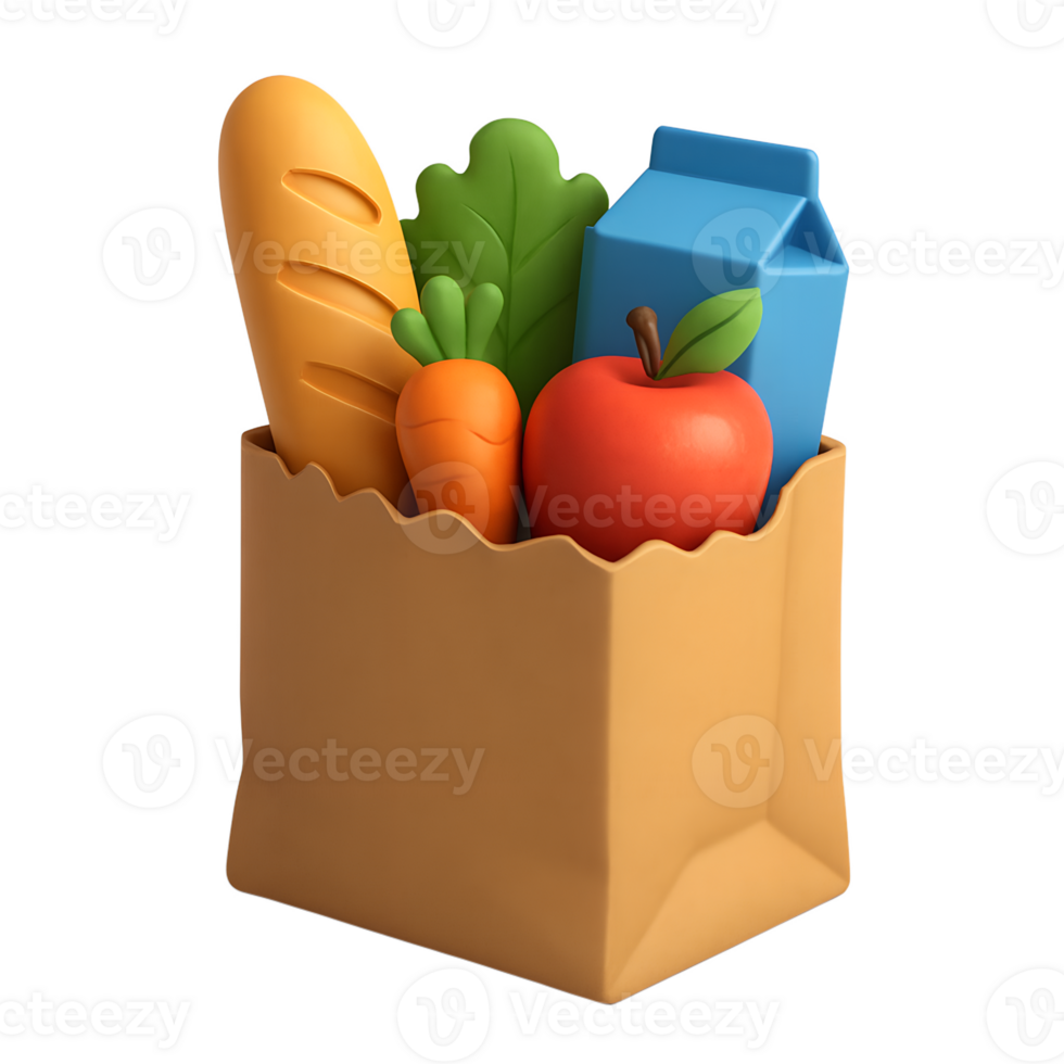 An apple bag with a loaf of bread, carrots, and apples png