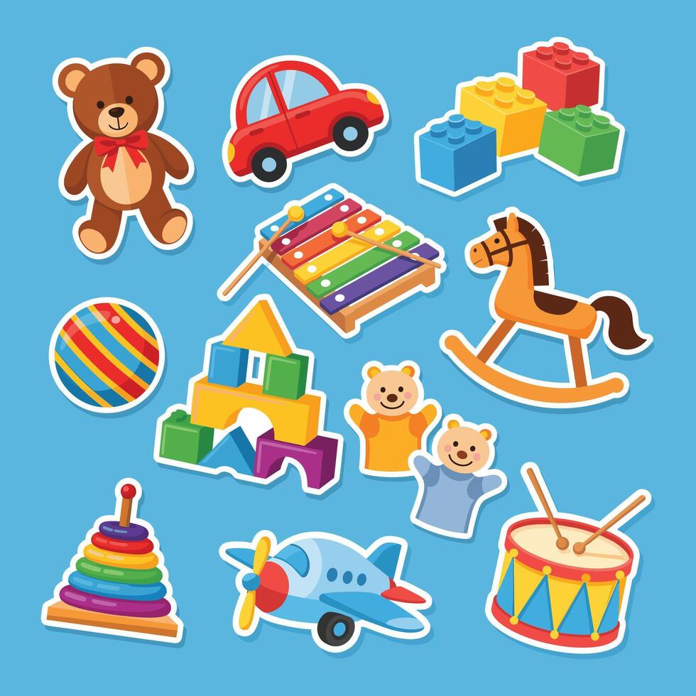Colorful toys including teddy bear and blocks vector