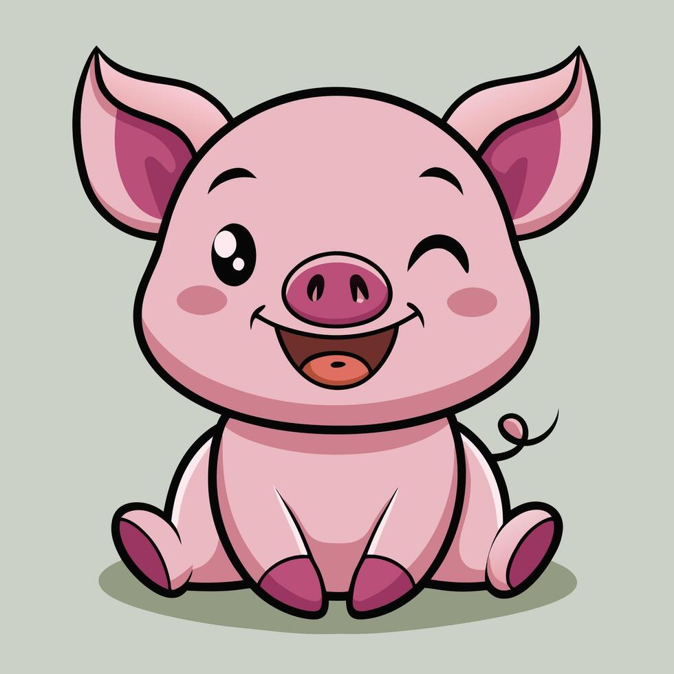 A cute, funny, pink cartoon piglet character illustration on a farm vector