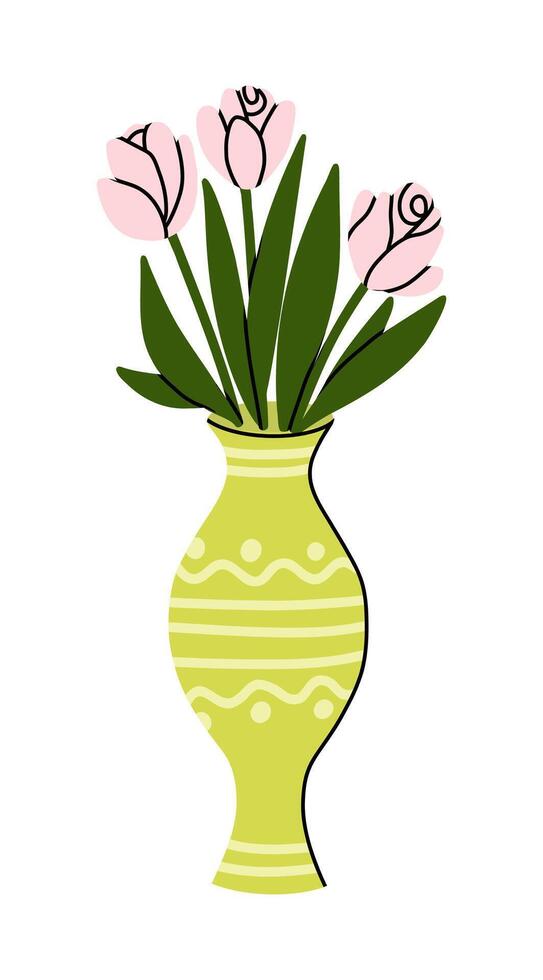 Hand drawn flat illustration of a classic yellow vase with ornament and pink flowers with green leaves isolated on a white background vector