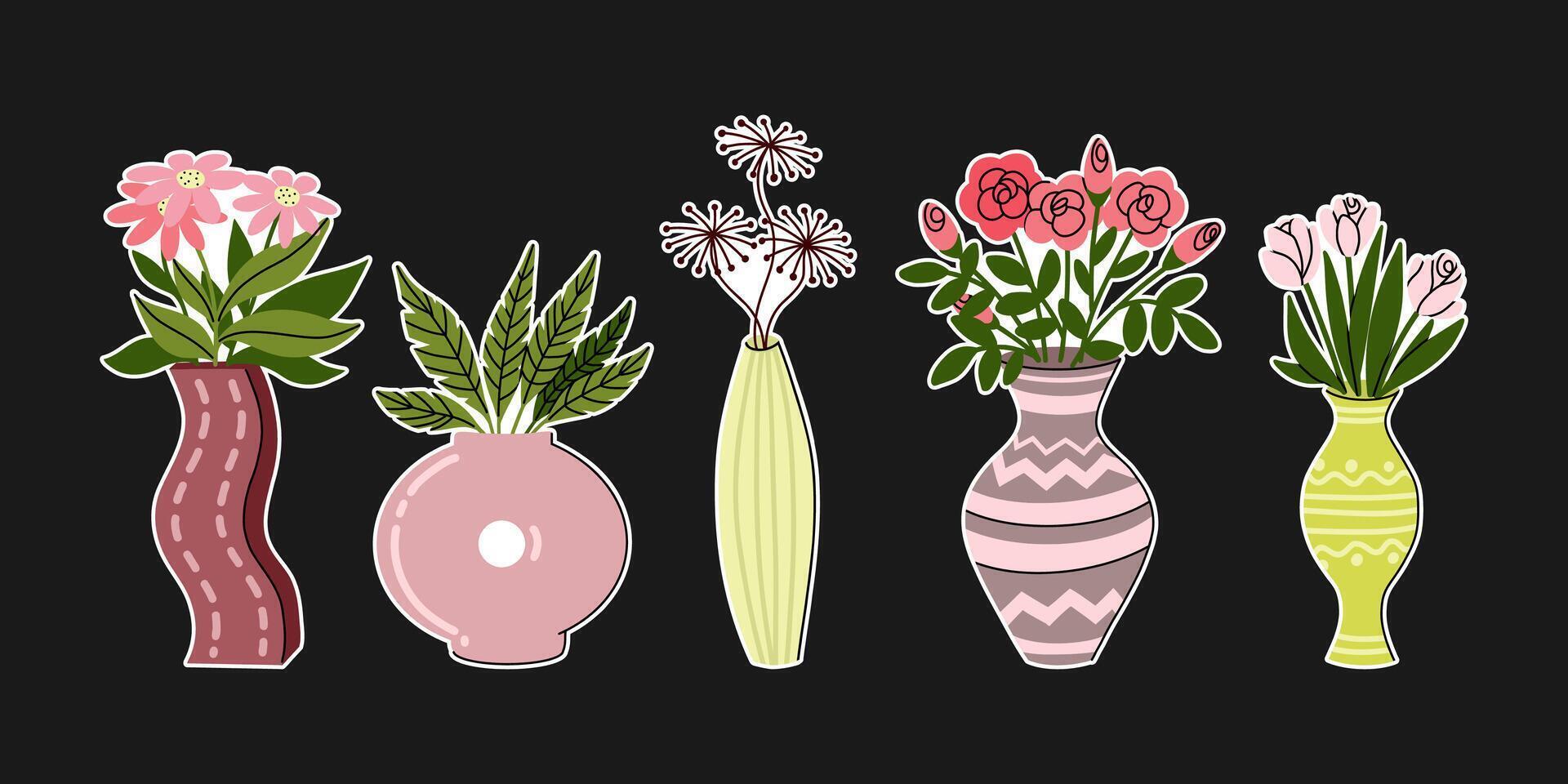Hand drawn flat illustration with set of stickers depicting vases with delicate pink and red flowers and green leaves vector
