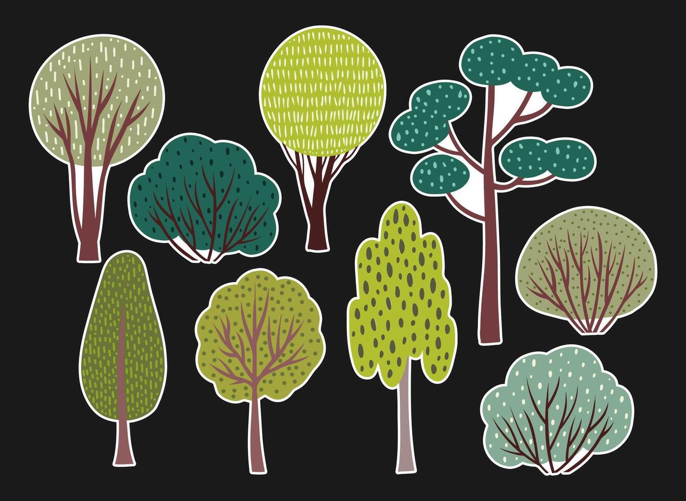 Flat illustration featuring a collection of isolated stickers with trees and bushes in a cartoon style with hand drawn textured details. Playful and colorful nature elements for design use. vector