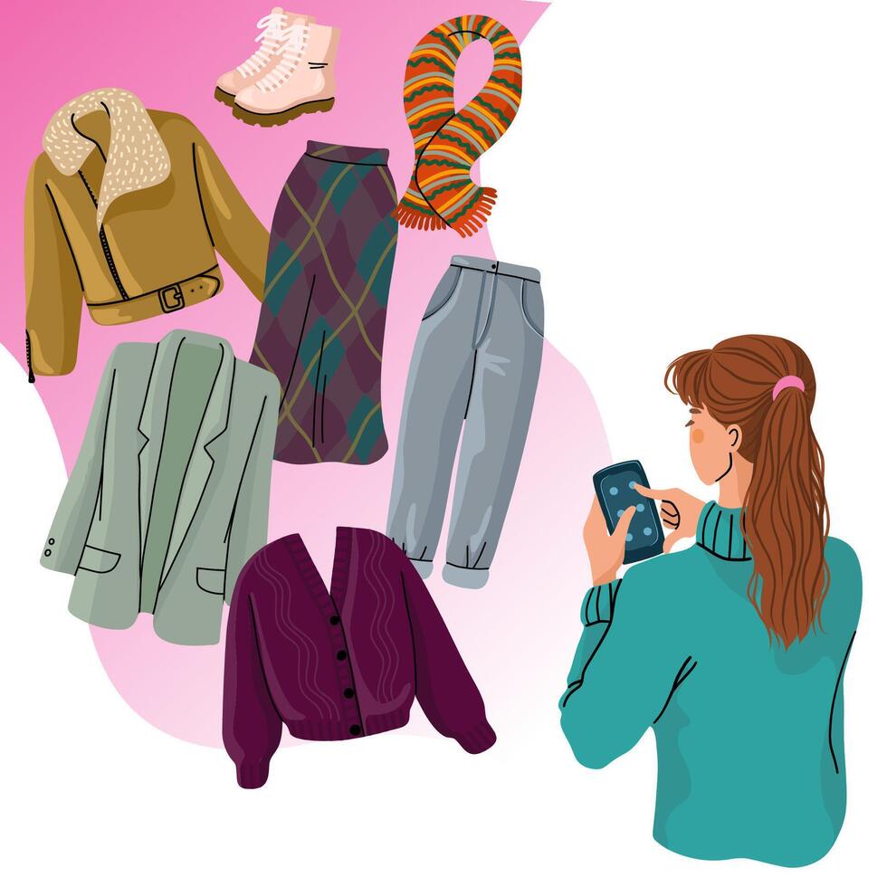 Flat illustration of a hand drawn banner featuring woman back view with smartphone to order clothing online. Concept of fashion shopping, delivery service, and mobile e commerce. vector