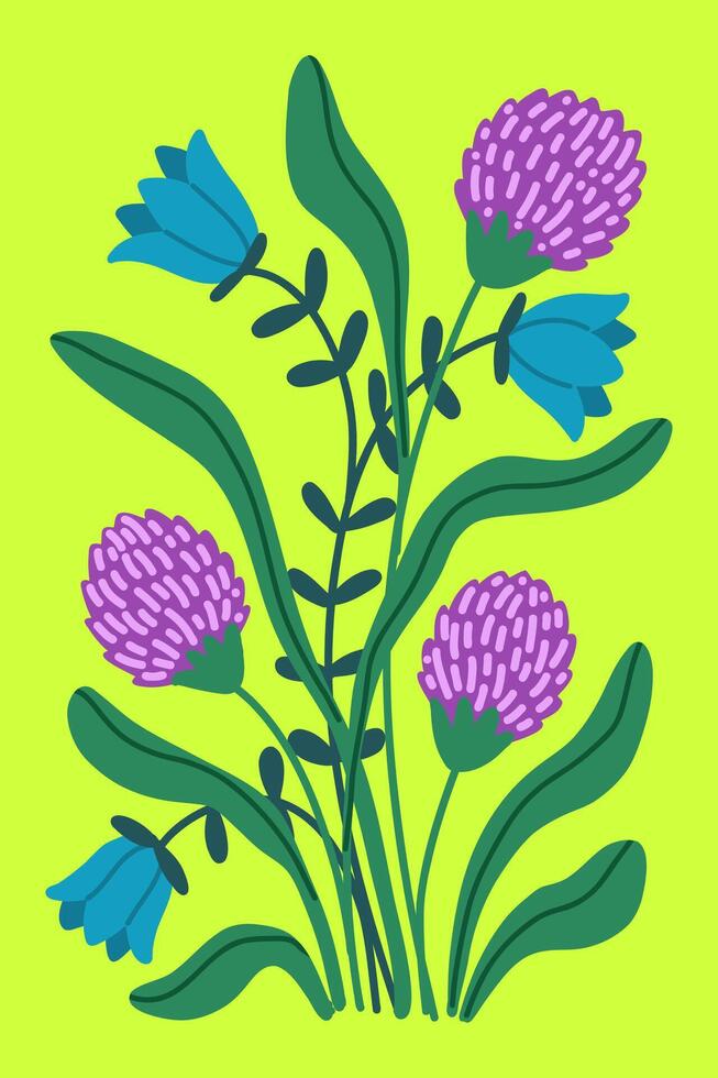 Hand drawn poster featuring isolated bouquet of wildflowers, including clover and bell flower on colorful background. Botanical flat composition in a minimal style vector