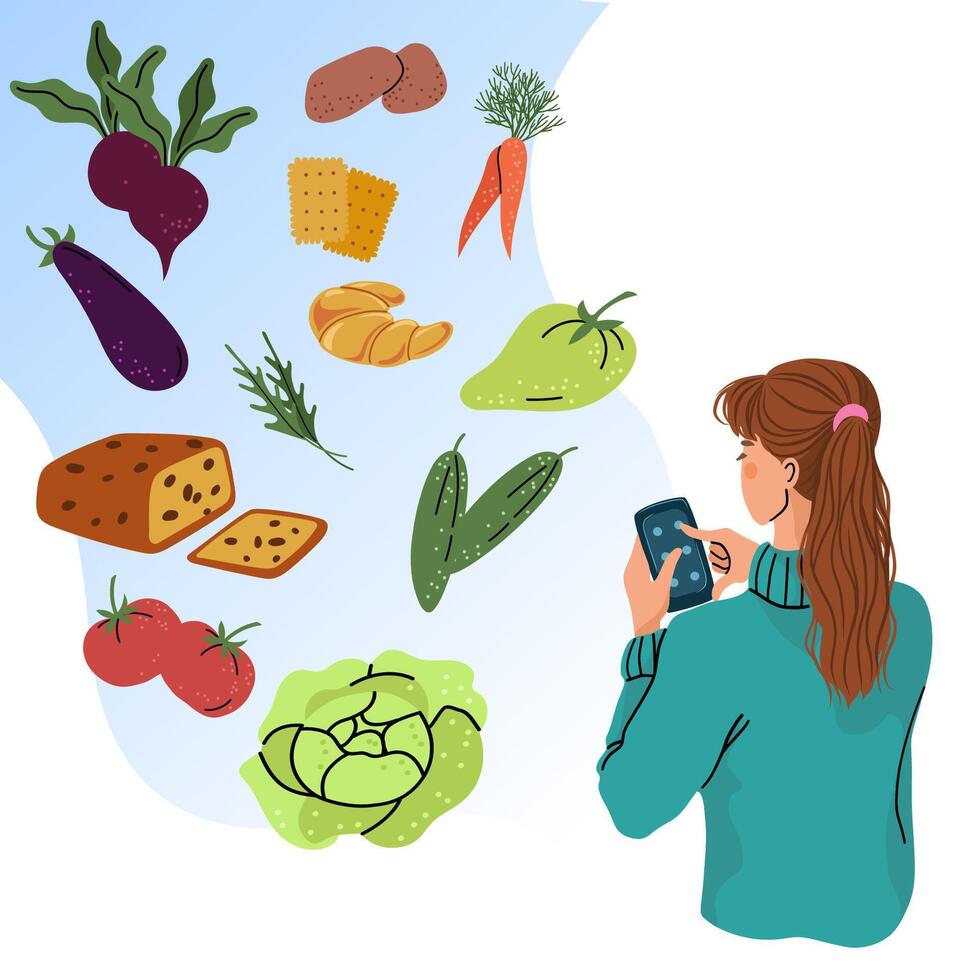 The concept of computer technology. Girl remotely to order groceries online. Flat illustration of a hand drawn square banner isolated on white background vector