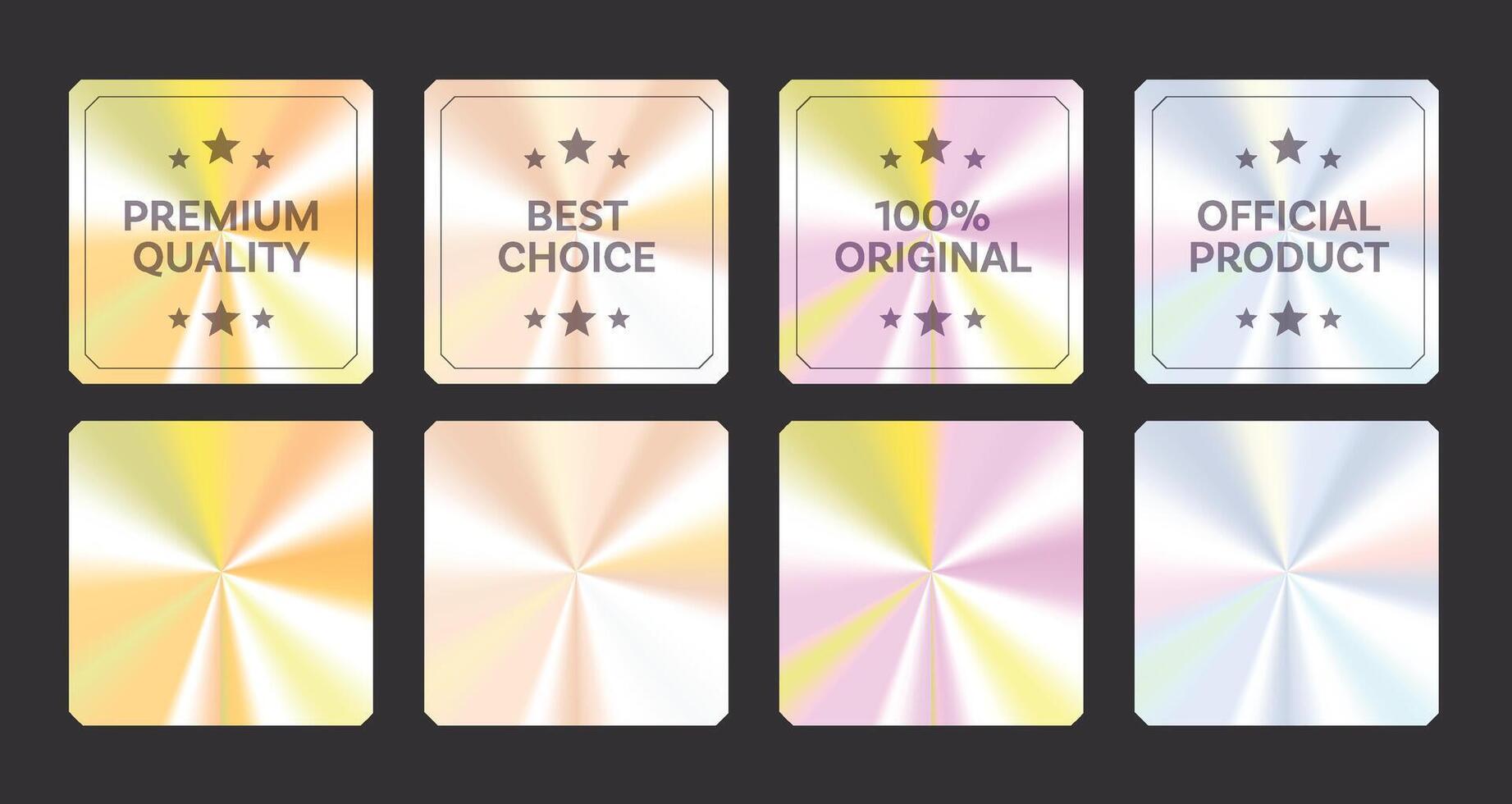 Set of colorful original and best choice sticker labels with vibrant hologram effect. Perfect for branding, packaging, promotion, and product highlights. vector