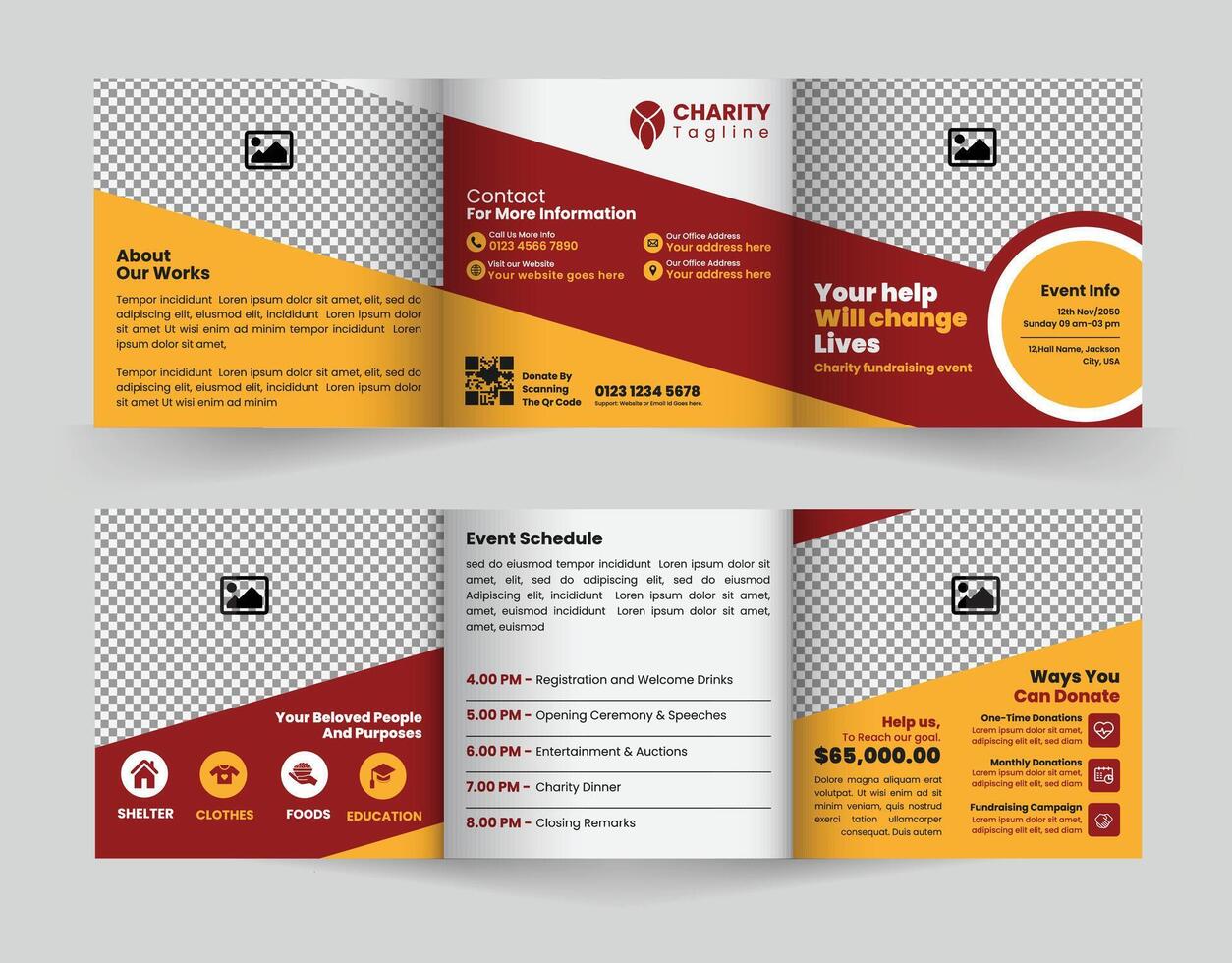 Versatile square trifold brochure template crafted to boost the success of your charity fundraising event by driving donations and engaging supporters. vector