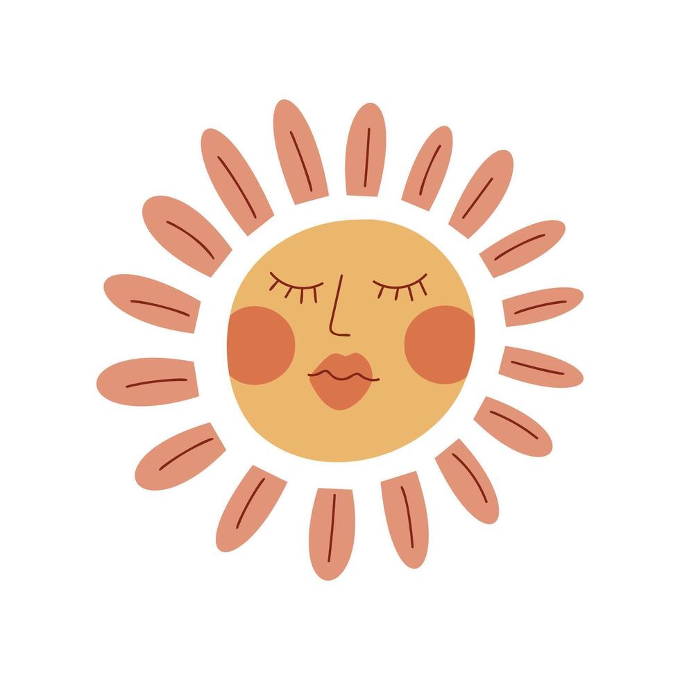 A stylized sun illustration with a smiling face. The sun has a round yellow body and elongated orange rays. The design is simple and cheerful, suitable for various themes. vector