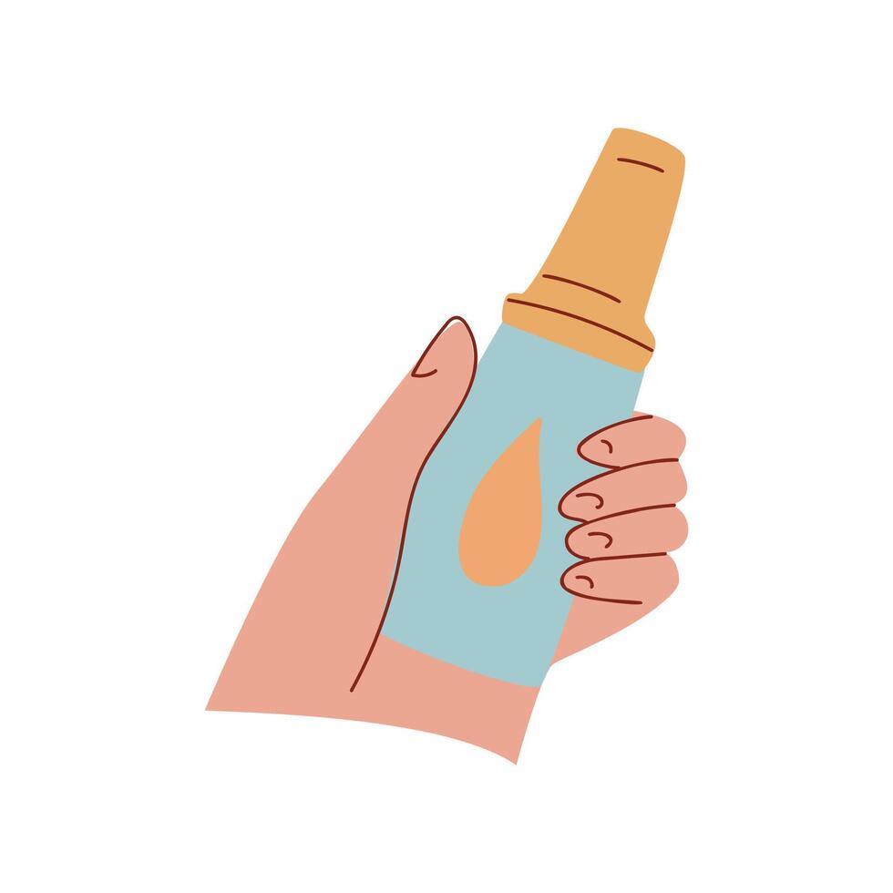 A hand holding a blue spray bottle with a yellow cap. The bottle has a droplet design on it, suggesting a liquid product inside. vector