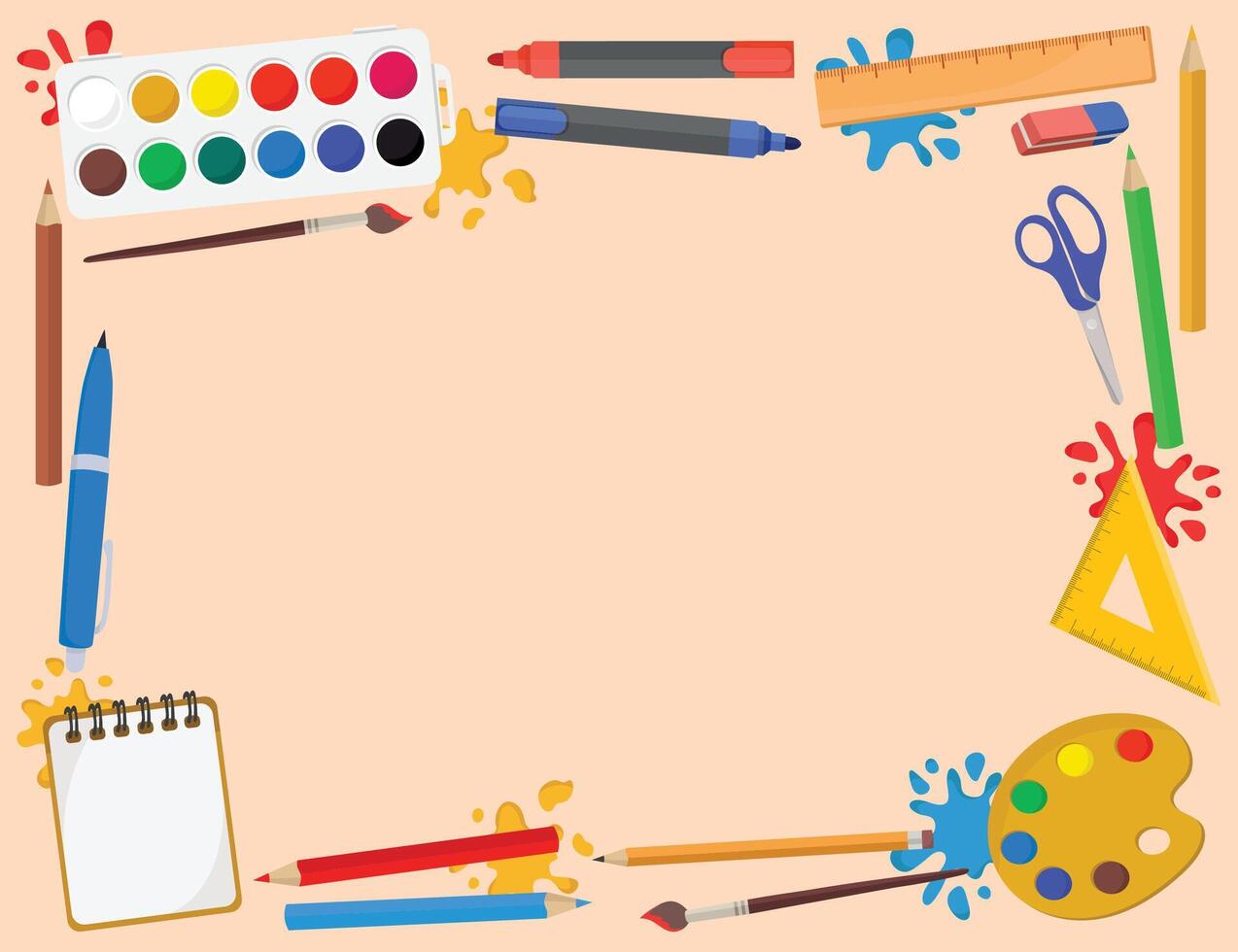 Back to school vibrant background with school supplies watercolor pencil pen ruler vector