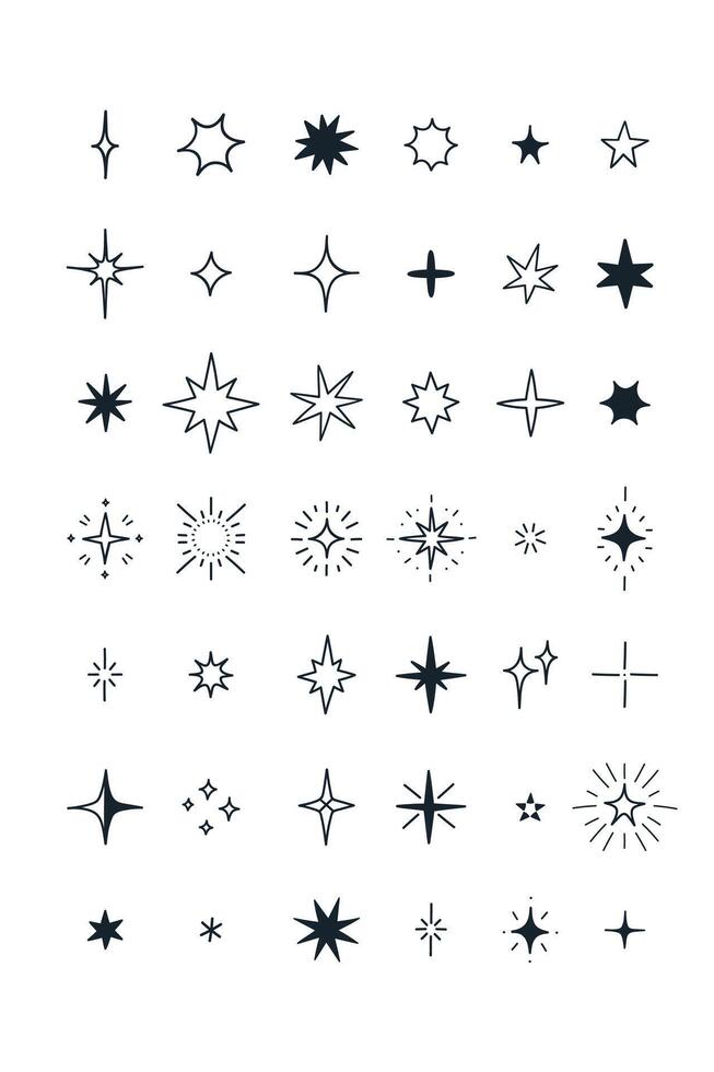 Set of doodles of sparkling stars. graphics. vector